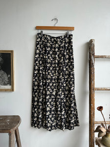 1990s Black Floral Rayon Skirt (S)