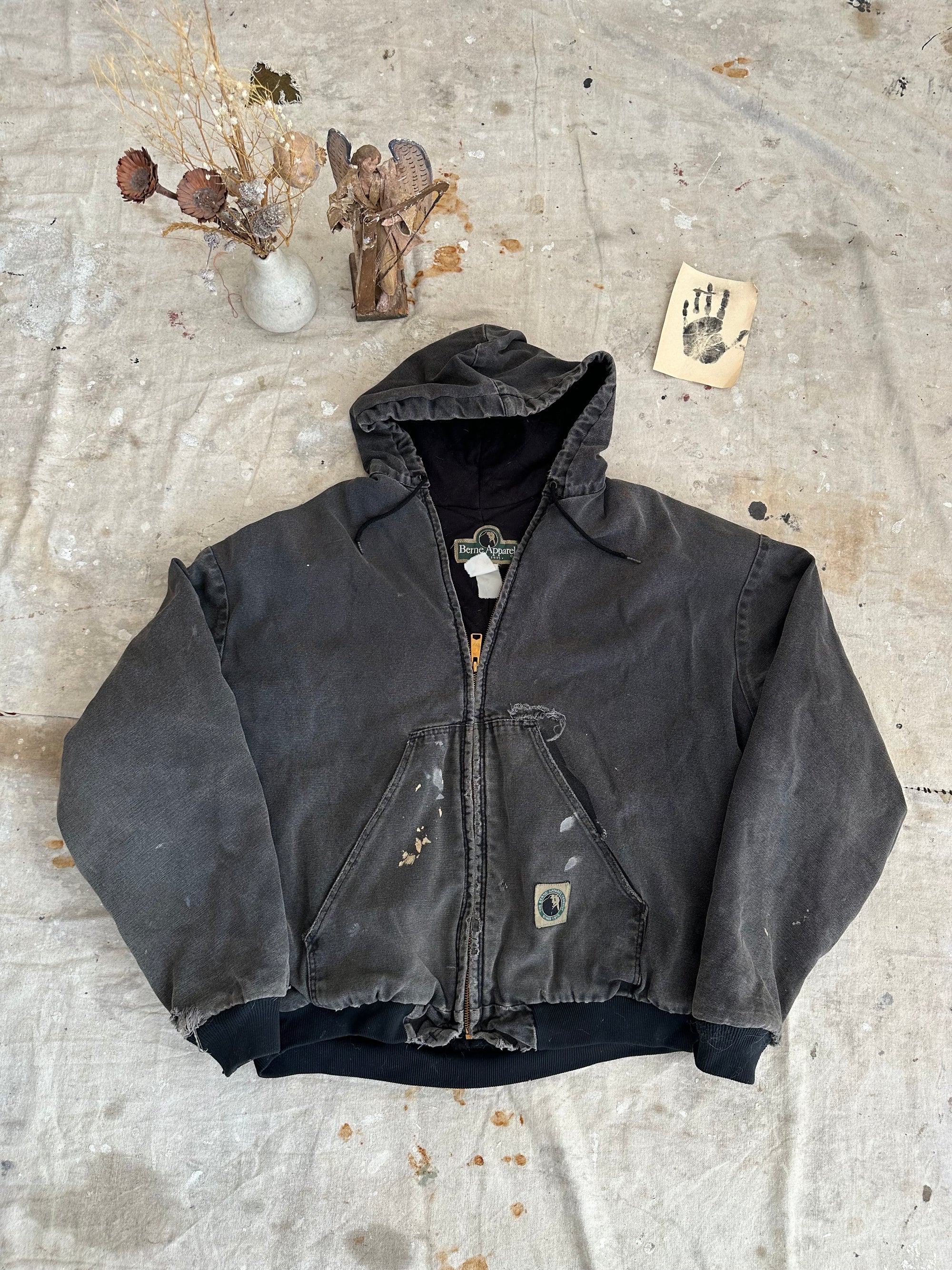 1980s Thrashed Hooded Black Work Jacket