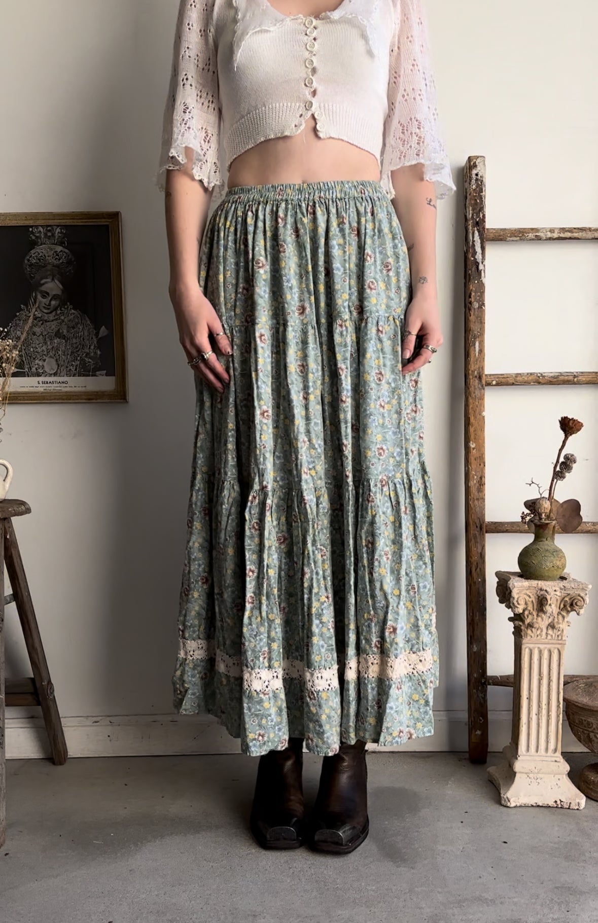 1990s Sage Green Floral Skirt (XS/S)