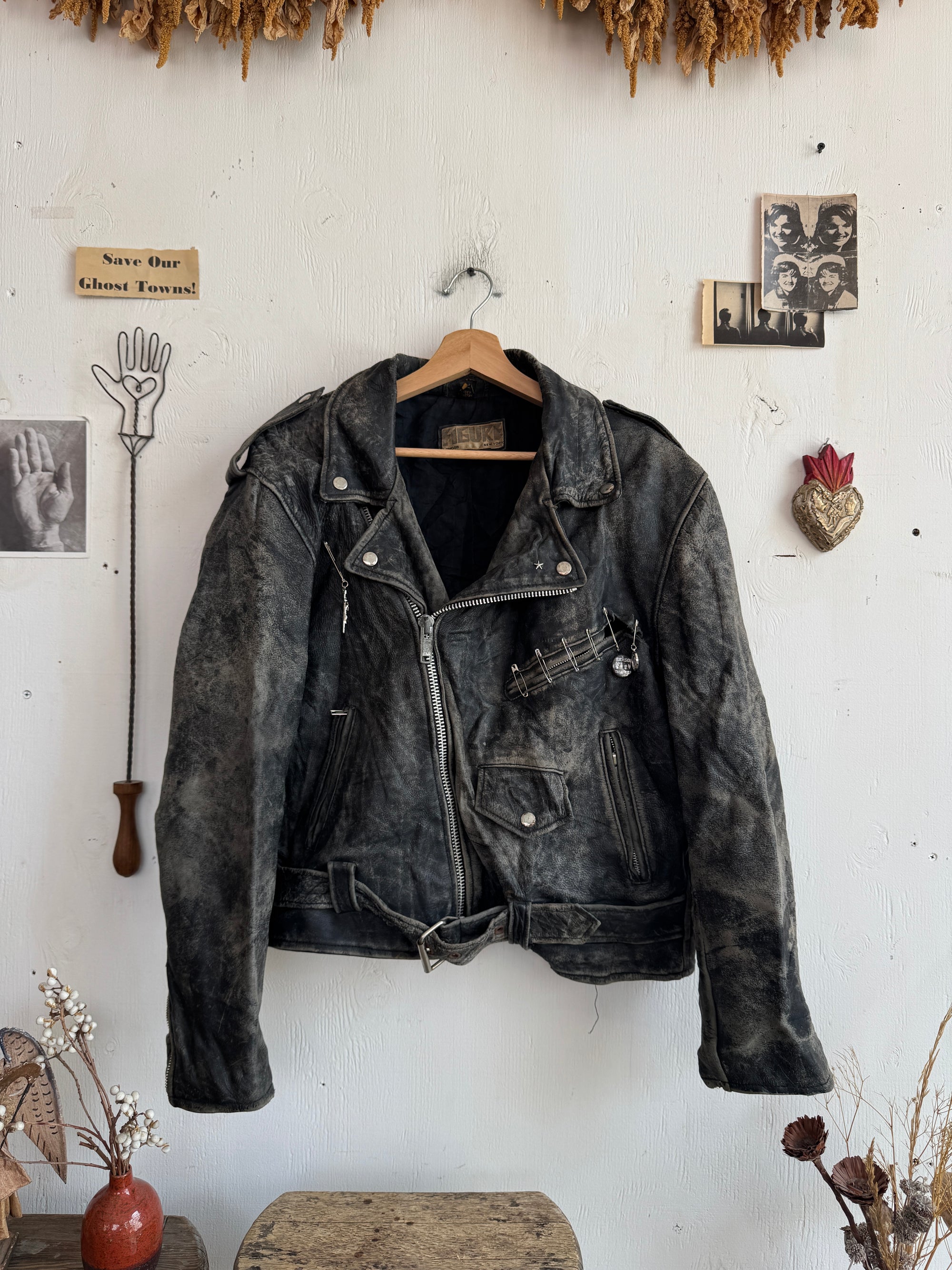 1970s Thrashed Leather Motorcycle Jacket W/ Pins