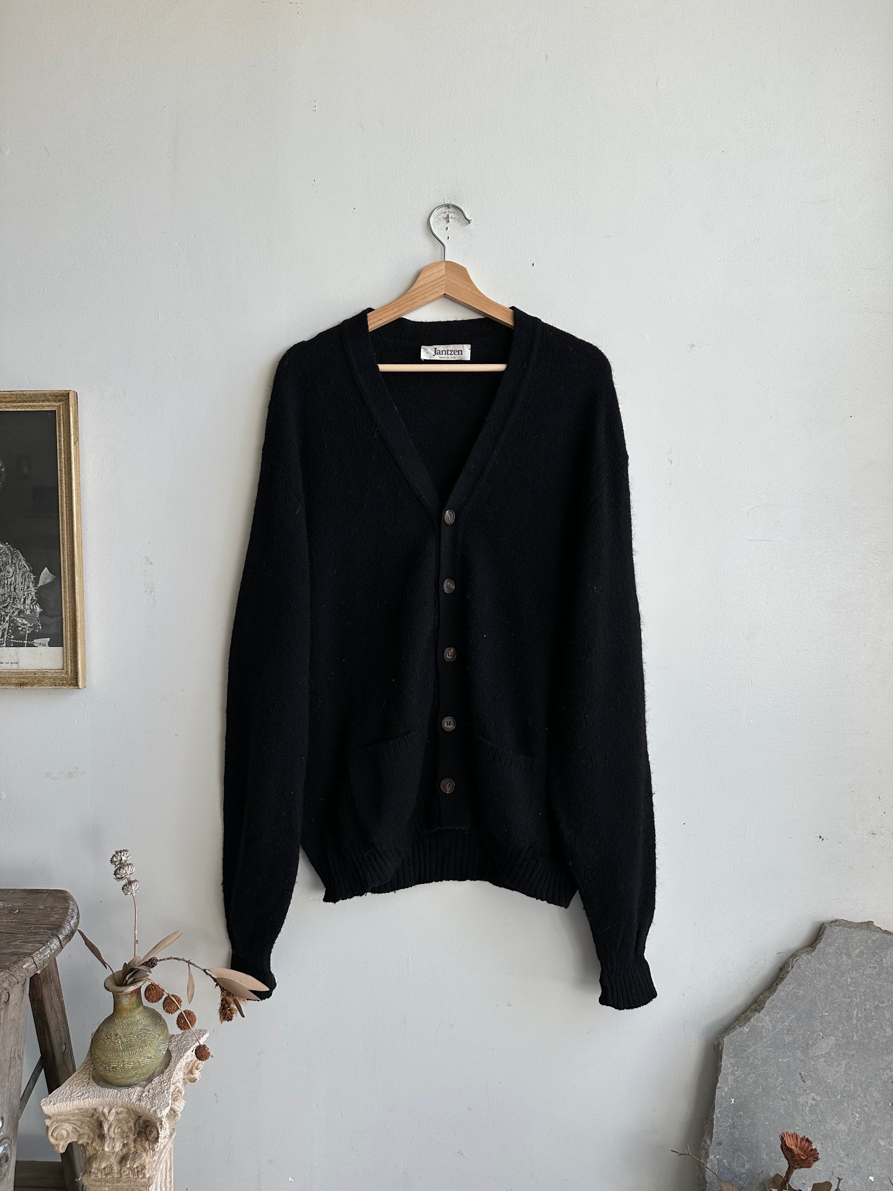 1970s Heavy Wool Black Cardigan (XL)