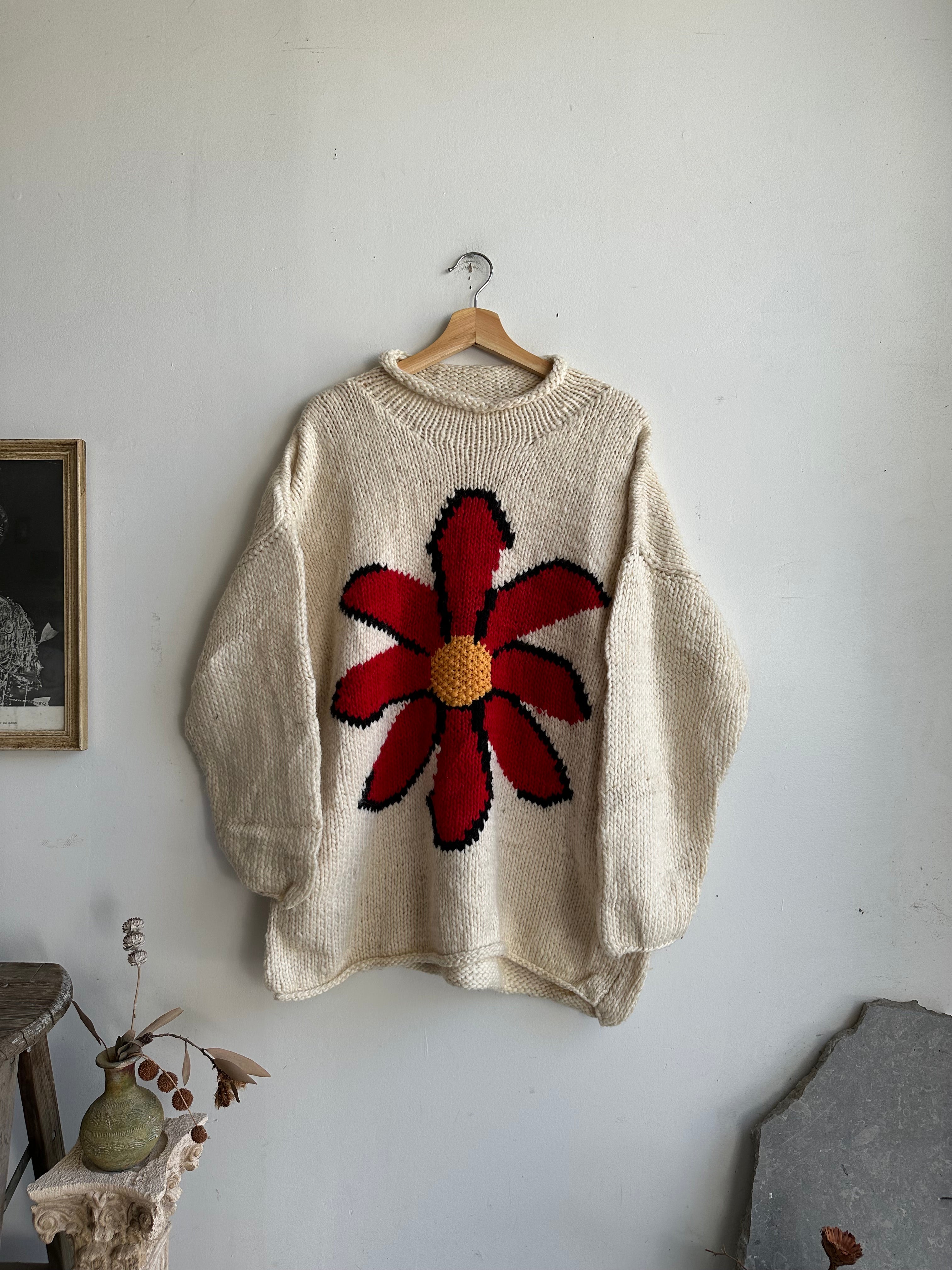 1980s Heavy Hand Knit Flower Sweatshirt (Boxy L/XL)