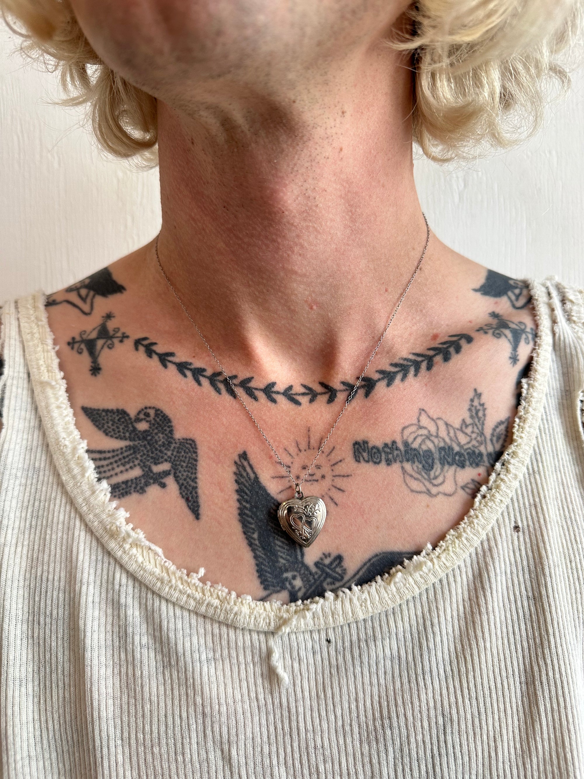 Vintage Heart Locket Necklace w/ Sterling Chain