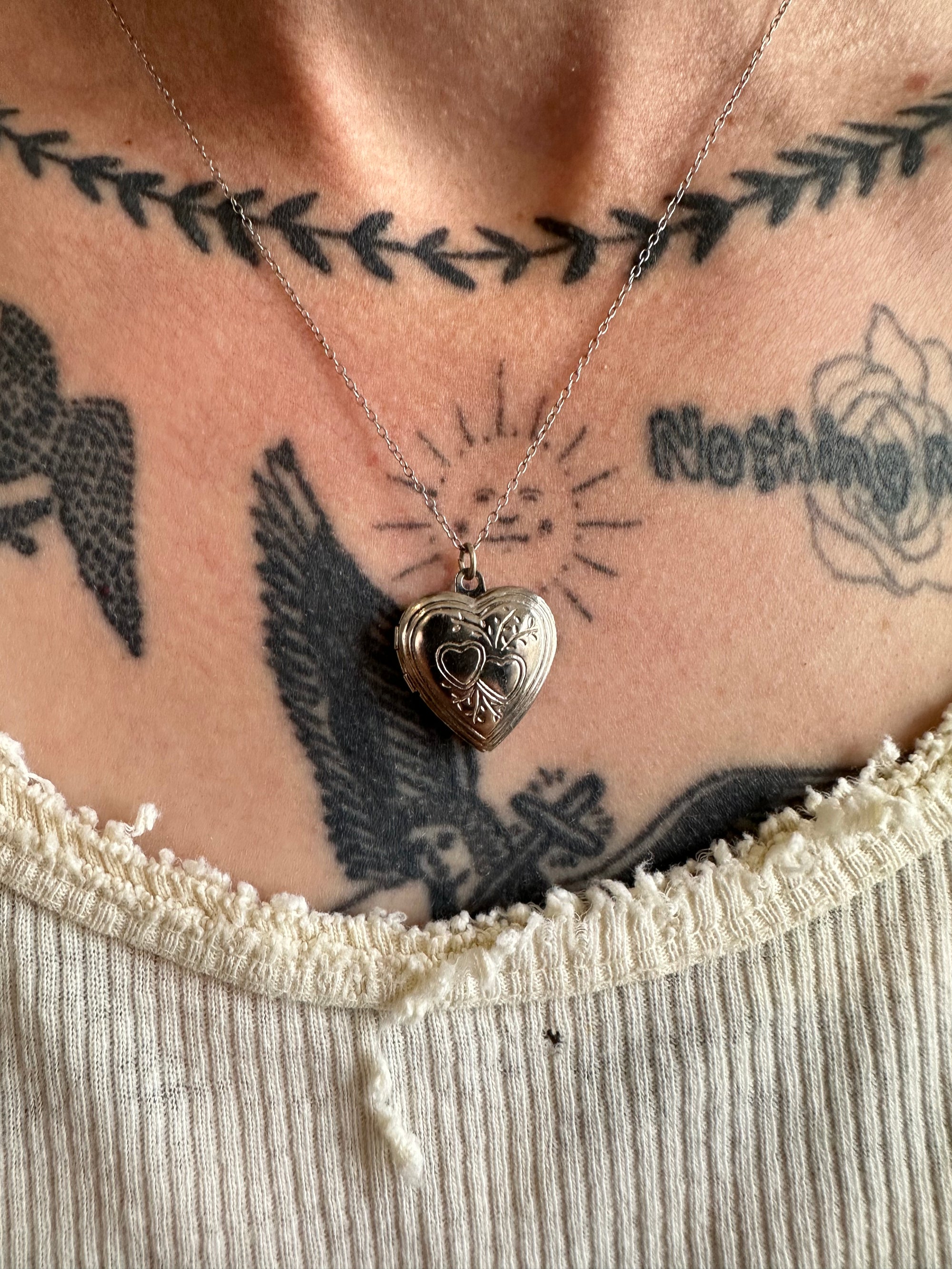 Vintage Heart Locket Necklace w/ Sterling Chain