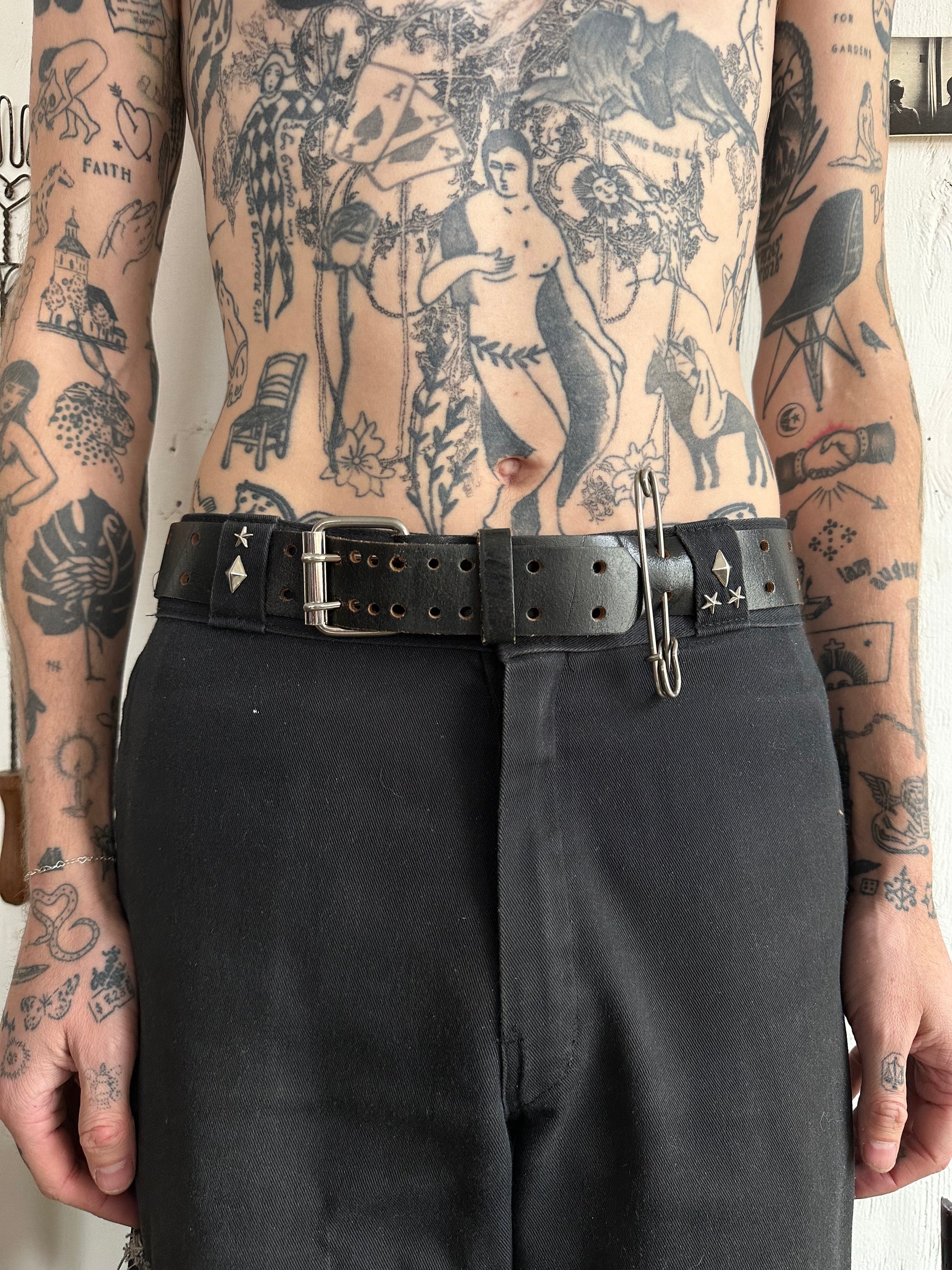 Vintage Leather Belt W/ Large Safety Pin