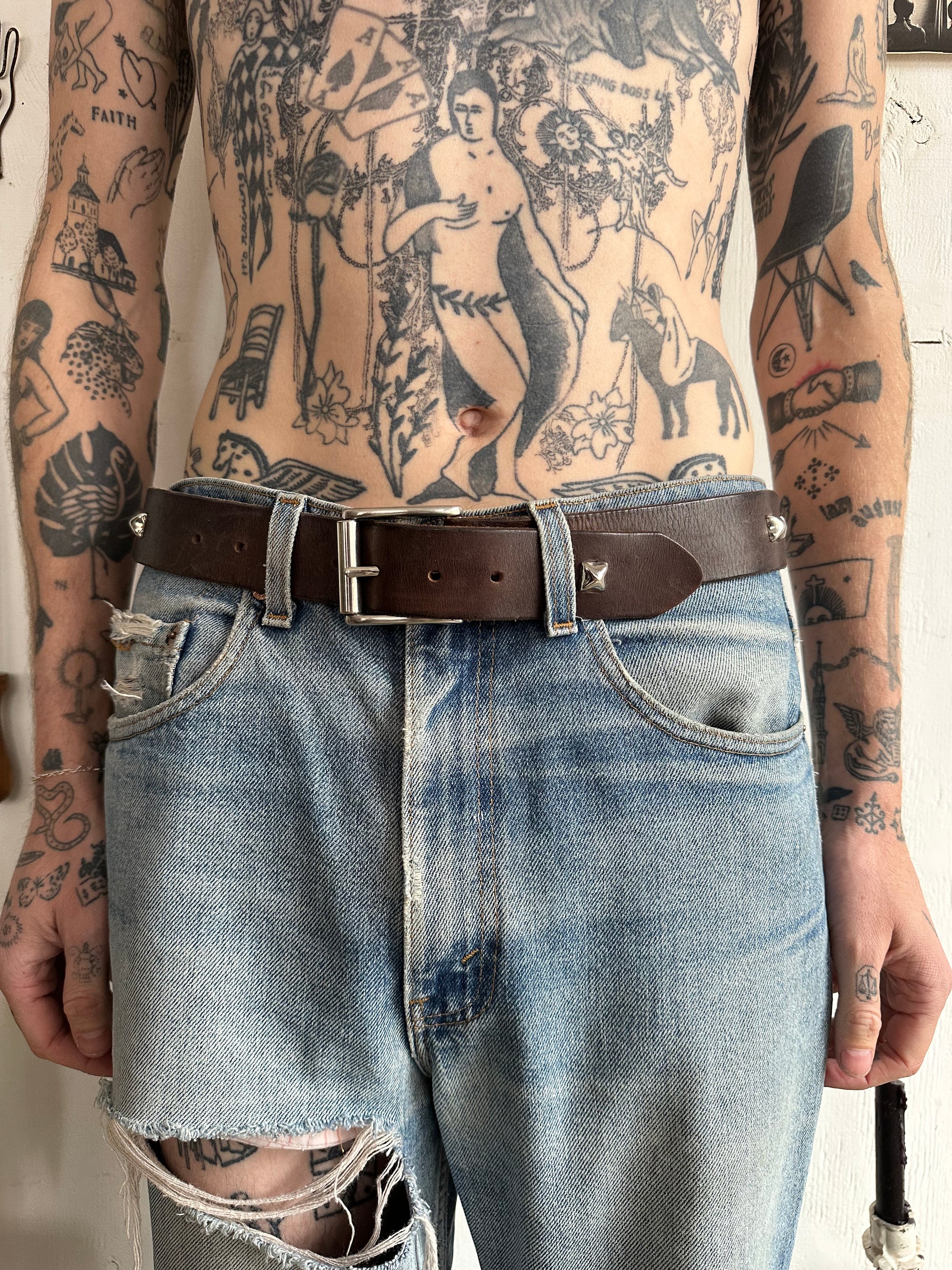 Vintage Hand Studded Brown Leather Belt
