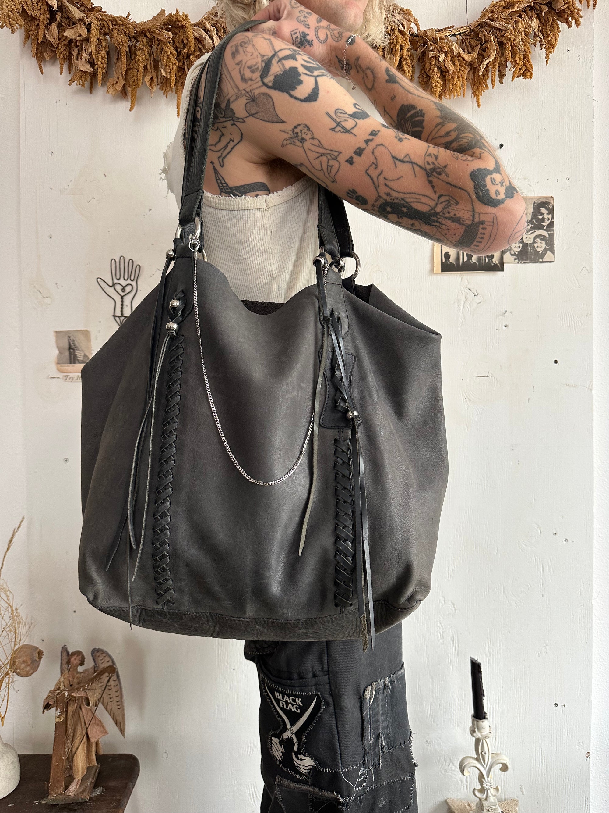 Vintage Leather Bag W/ Braids and Chain