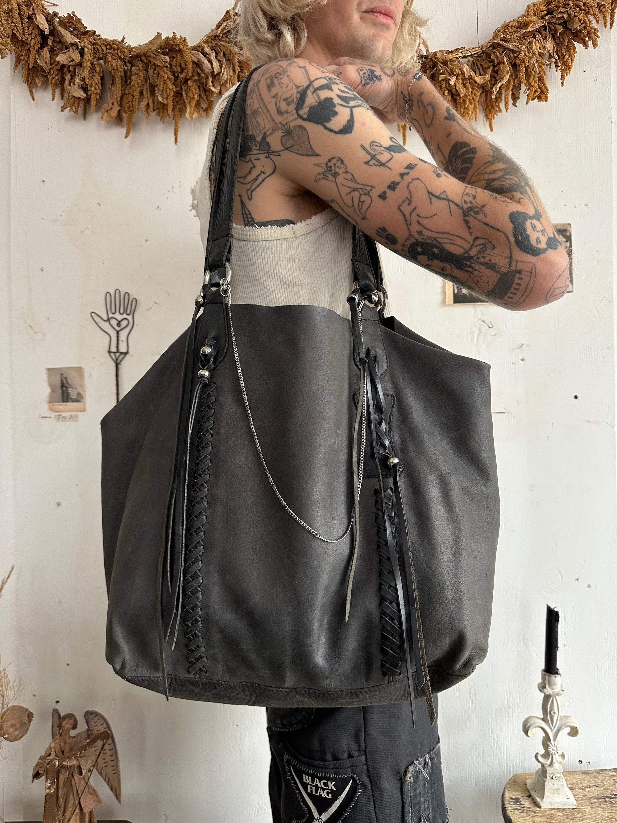 Vintage Leather Bag W/ Braids and Chain