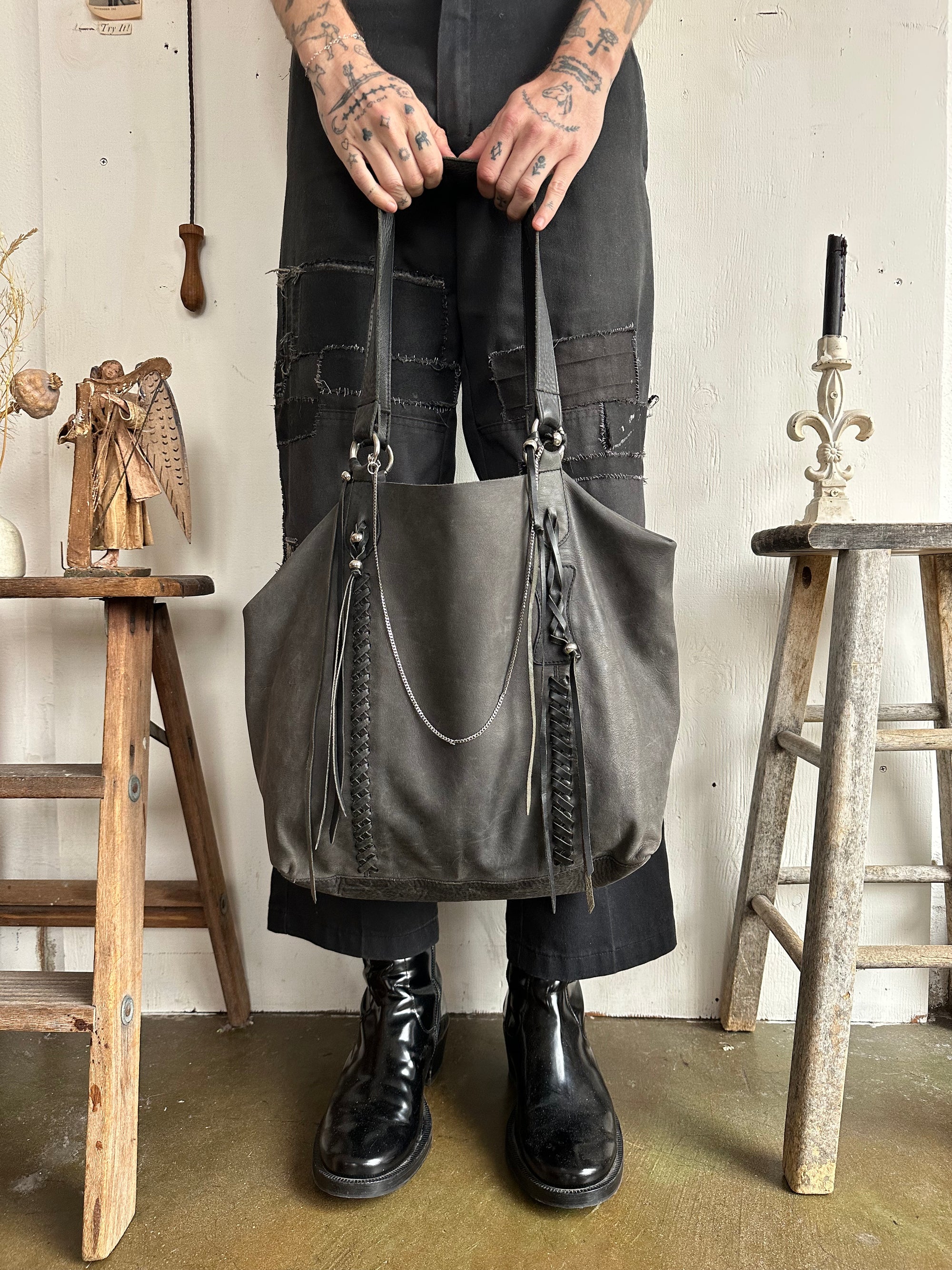 Vintage Leather Bag W/ Braids and Chain