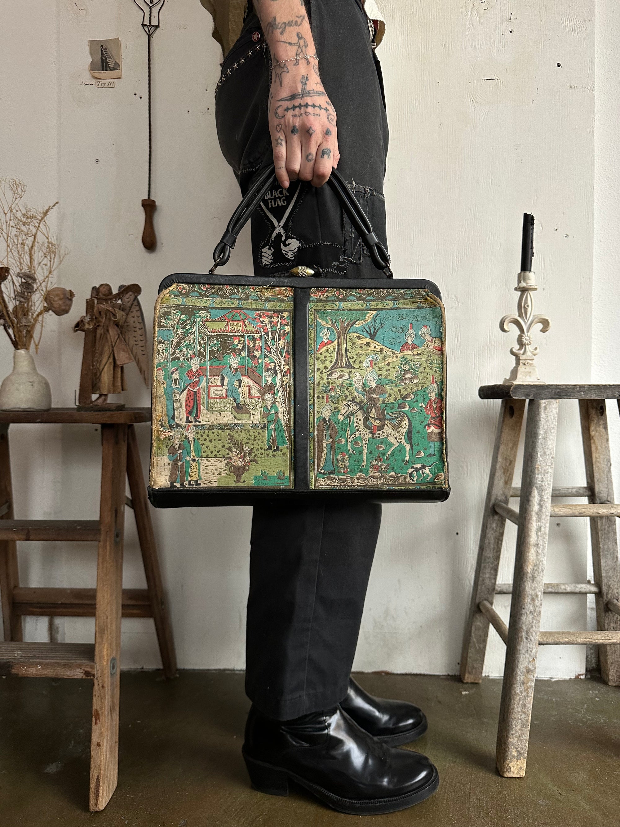 Vintage Leather/Silk Persian Manuscript Tapestry Bag