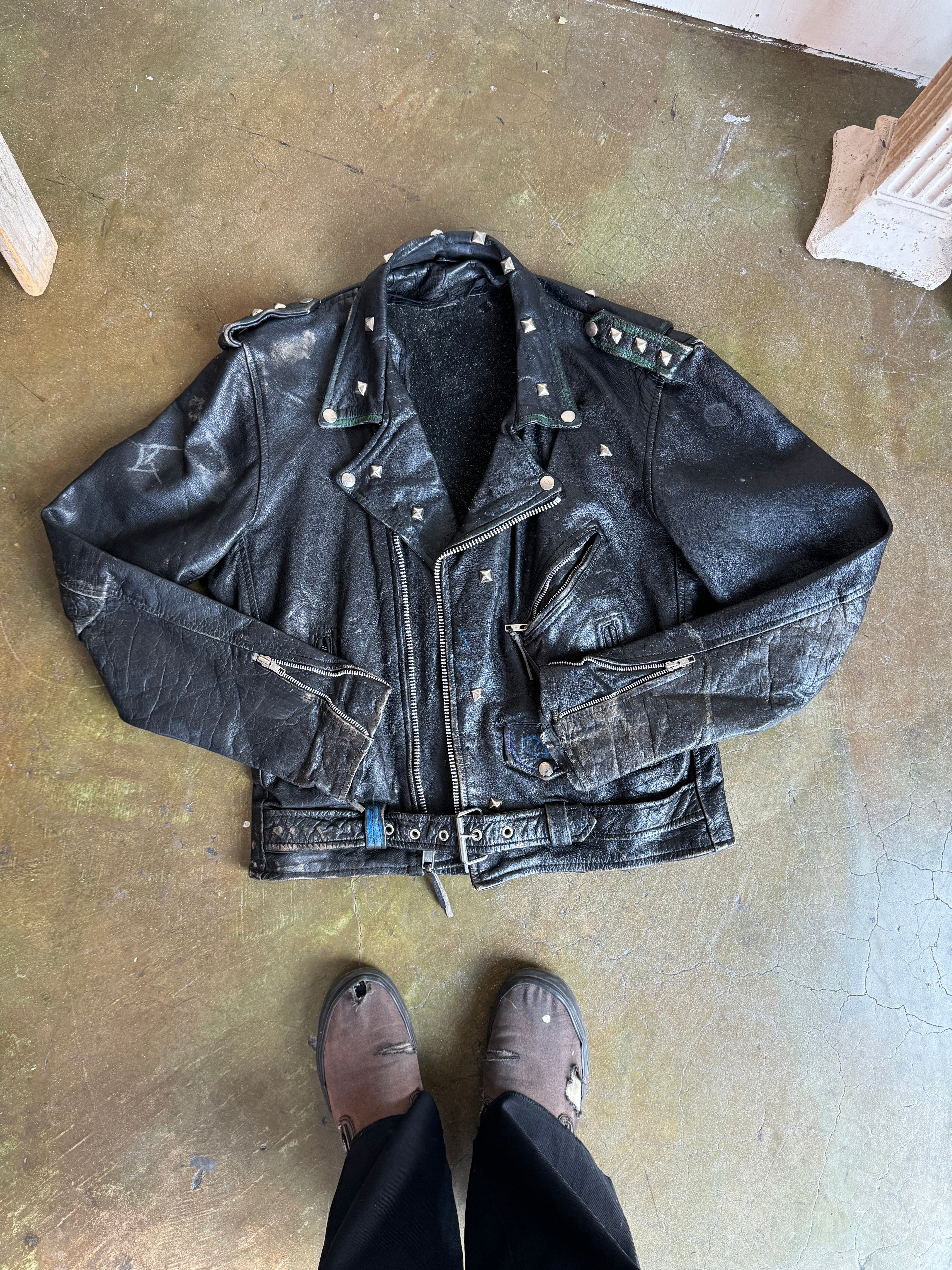 1970s Thrashed Studded Leather Jacket (M/L)