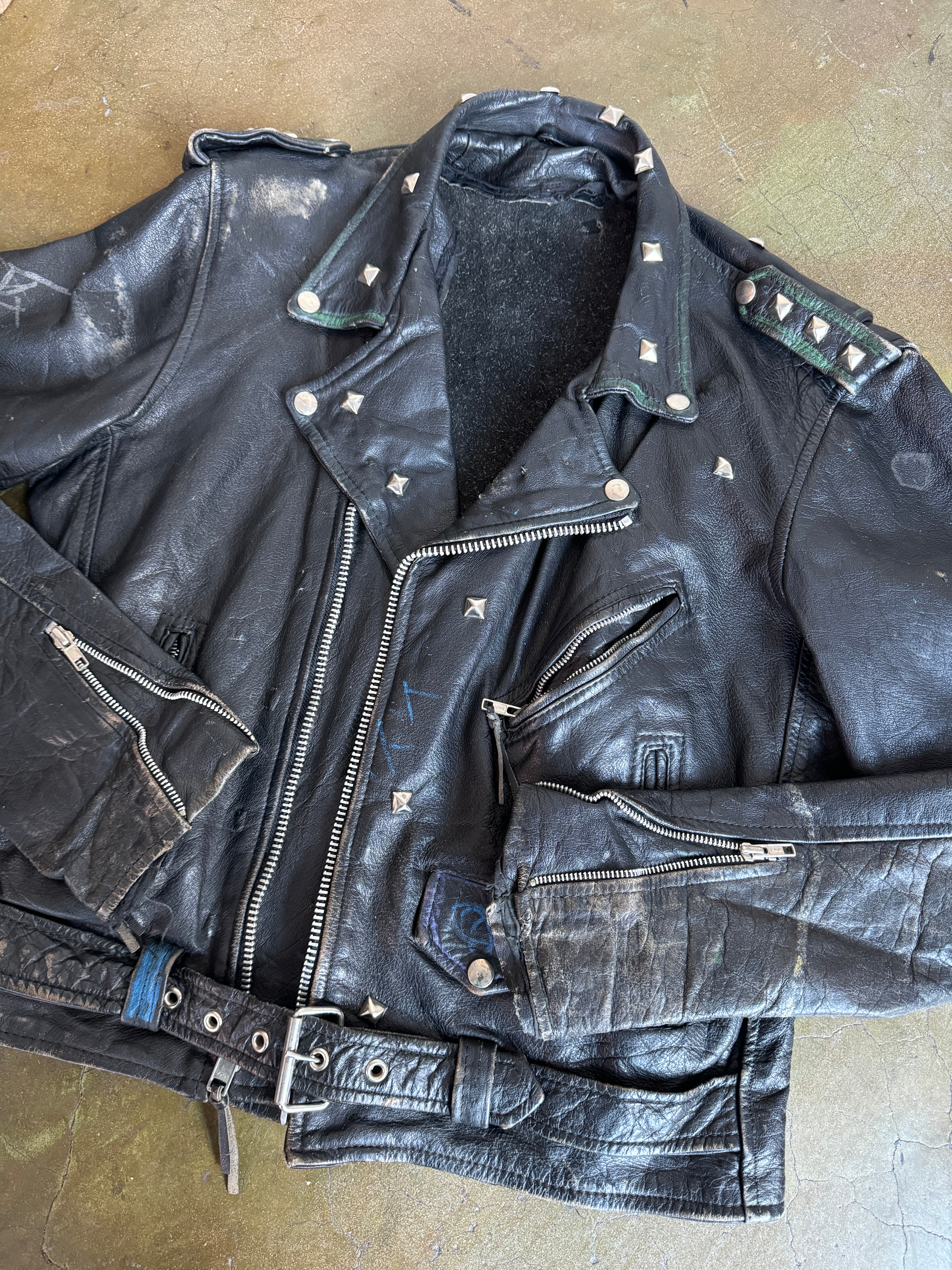 1970s Thrashed Studded Leather Jacket (M/L)