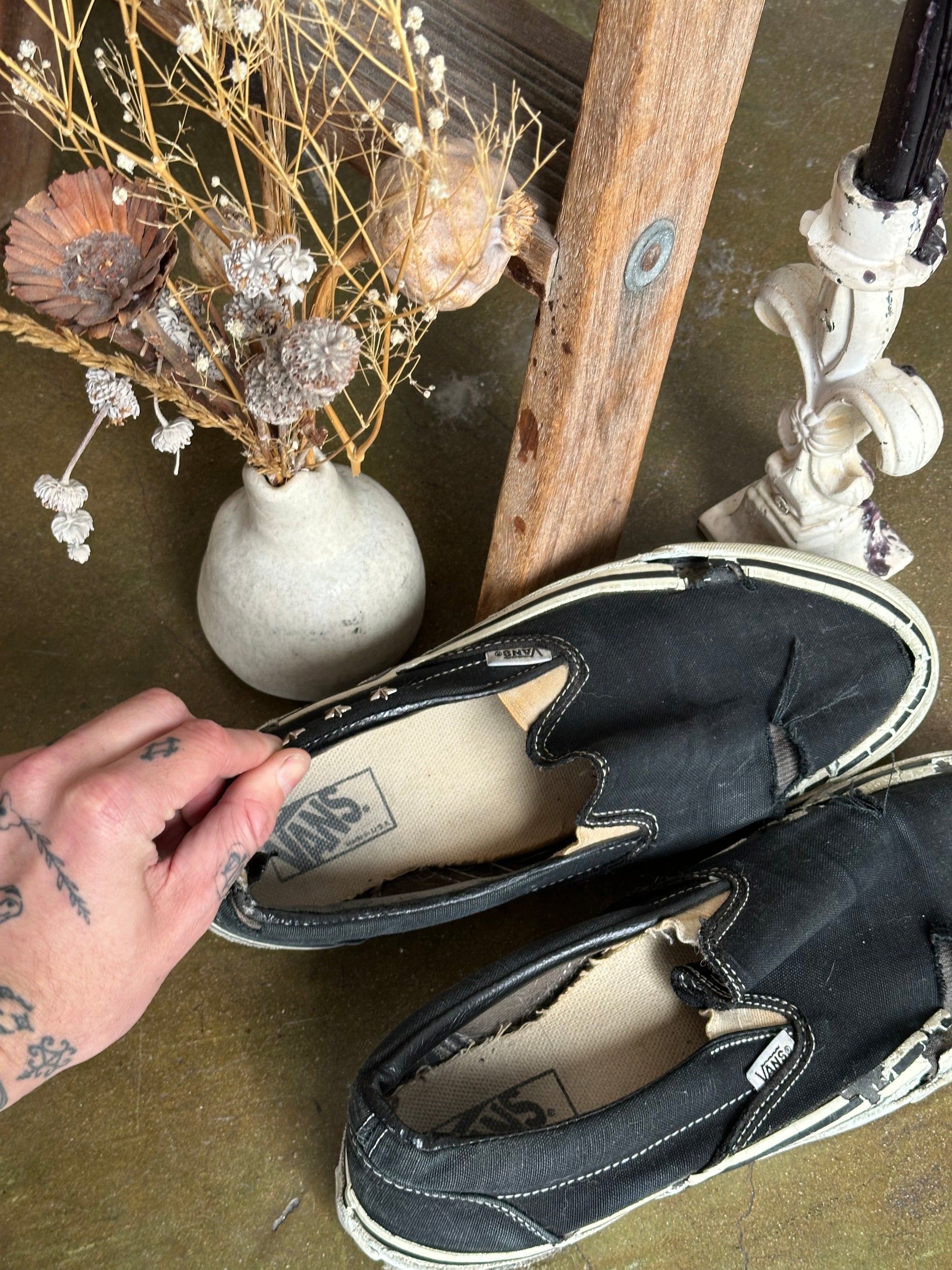 Thrashed Black Vans Made in USA W/ Studs