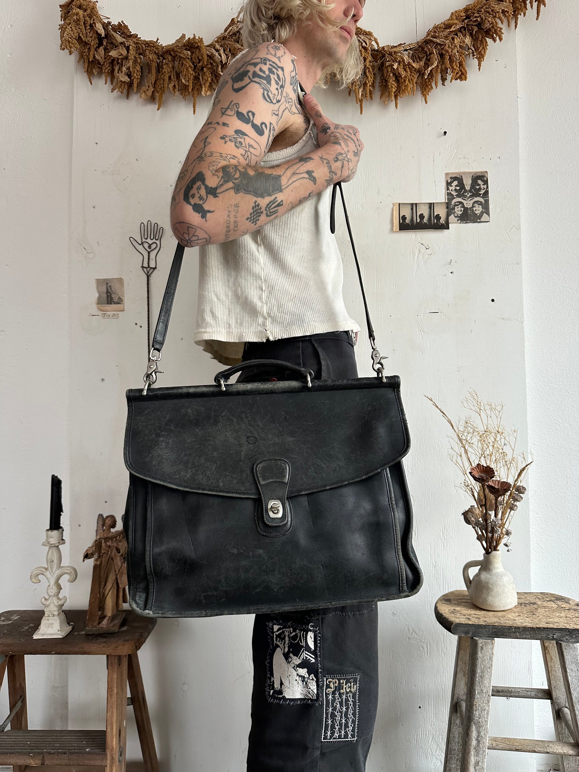 Vintage Black Leather Coach Messenger Bag