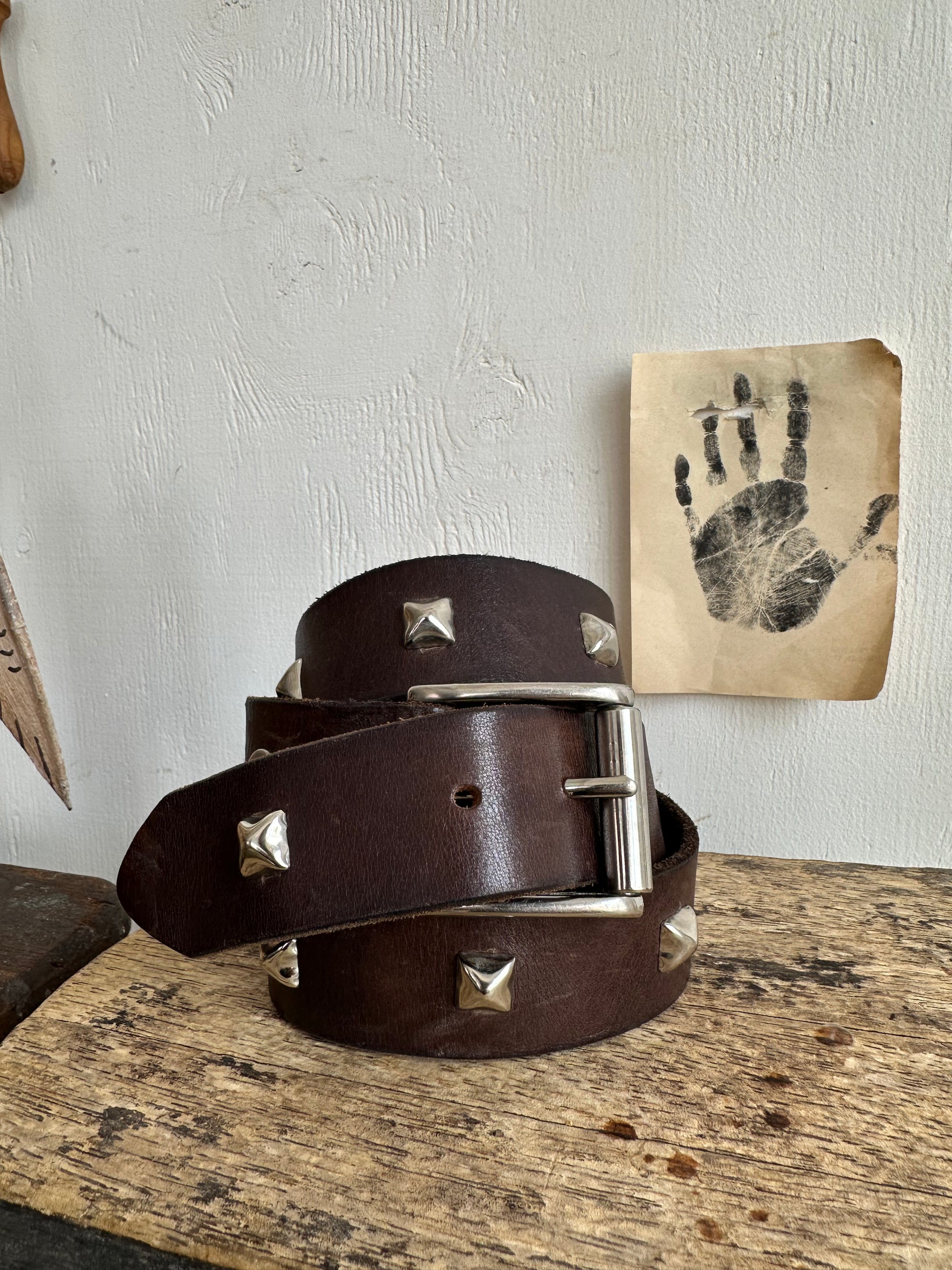 Vintage Hand Studded Brown Leather Belt
