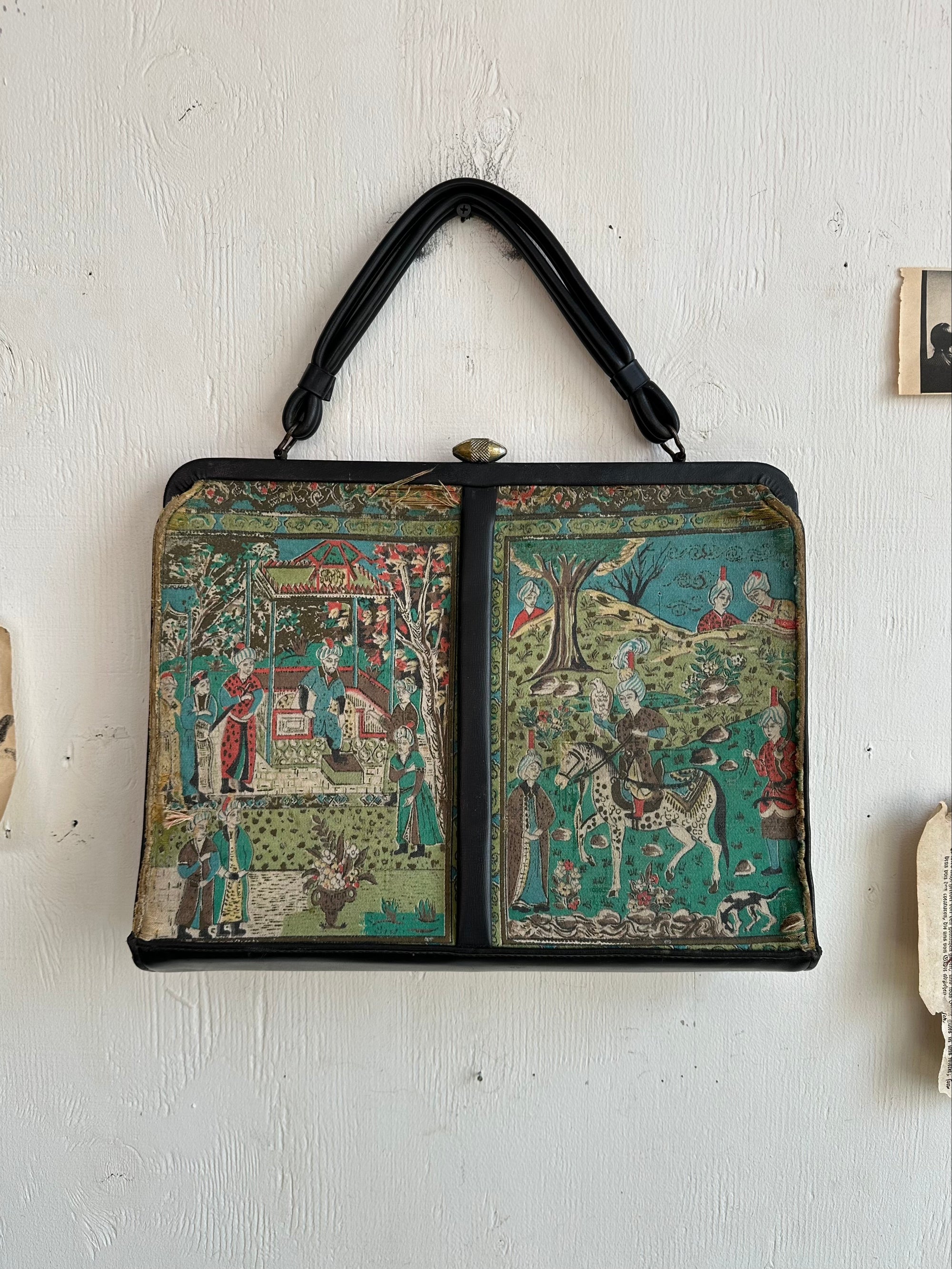 Vintage Leather/Silk Persian Manuscript Tapestry Bag