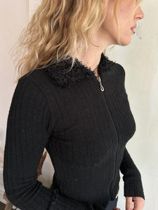 1990s Fur Collar Zip Sweater (S)