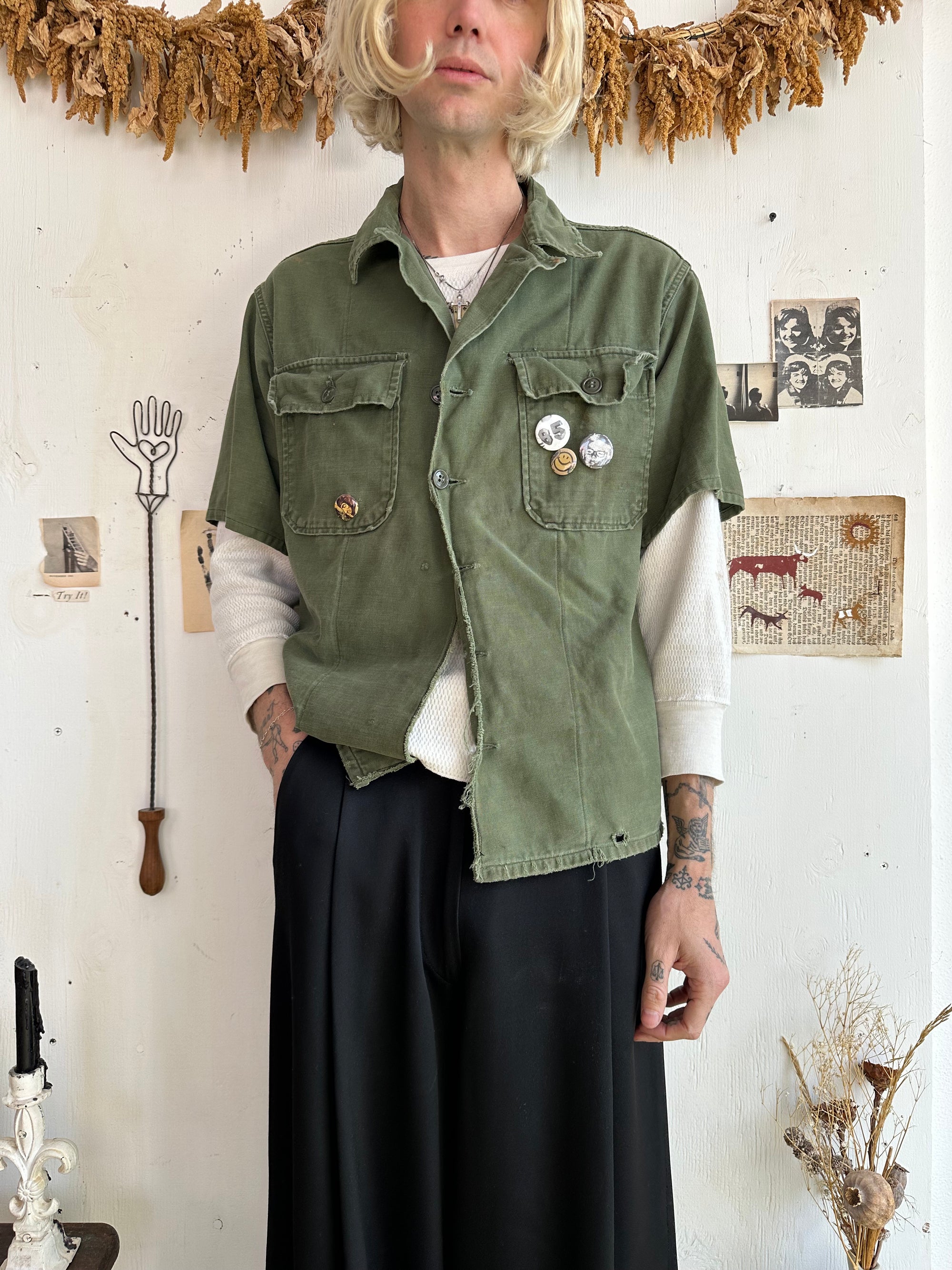 1970s Well Worn Short Sleeve Fatigue Shirt W/ Pins