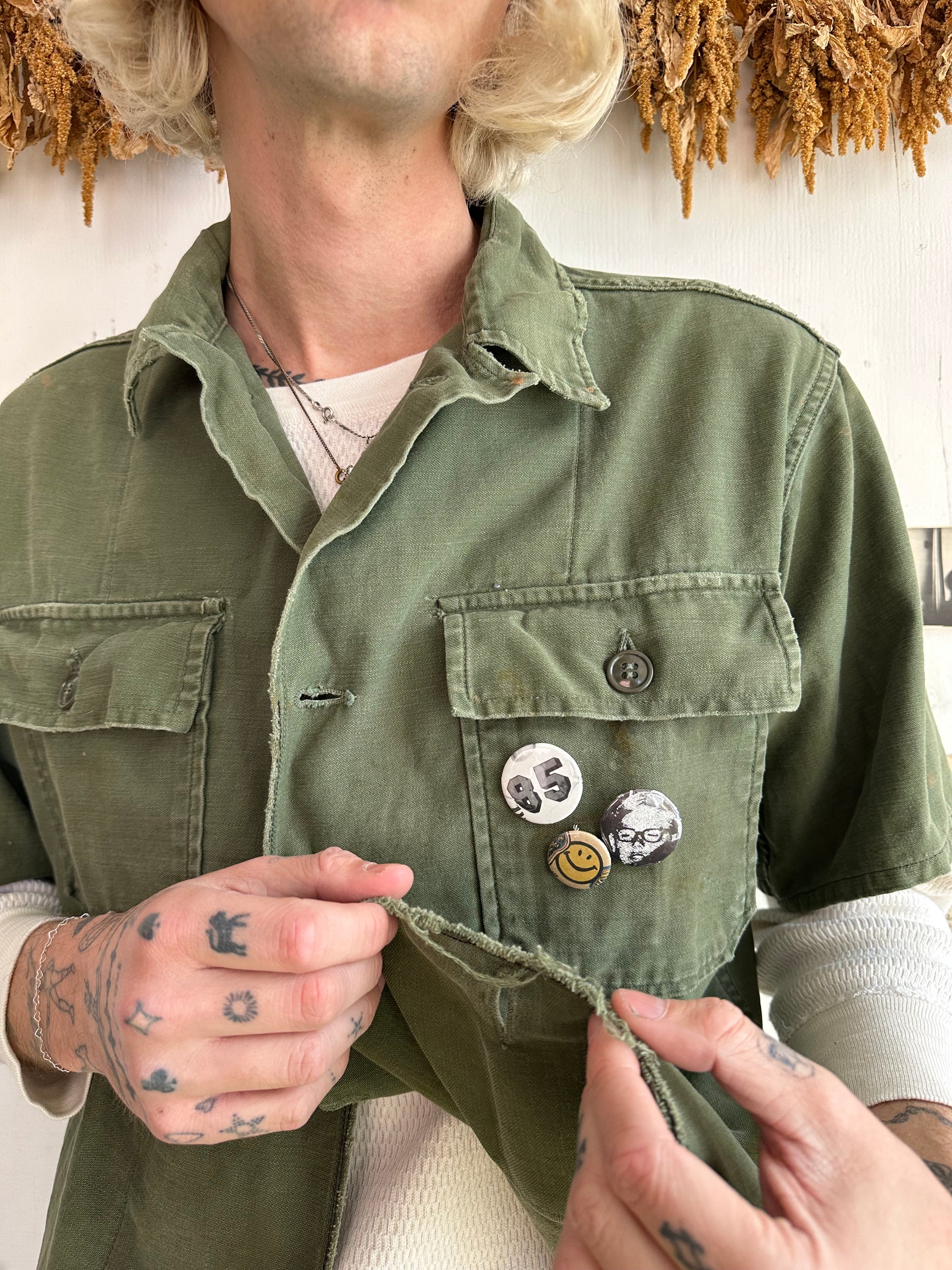 1970s Well Worn Short Sleeve Fatigue Shirt W/ Pins