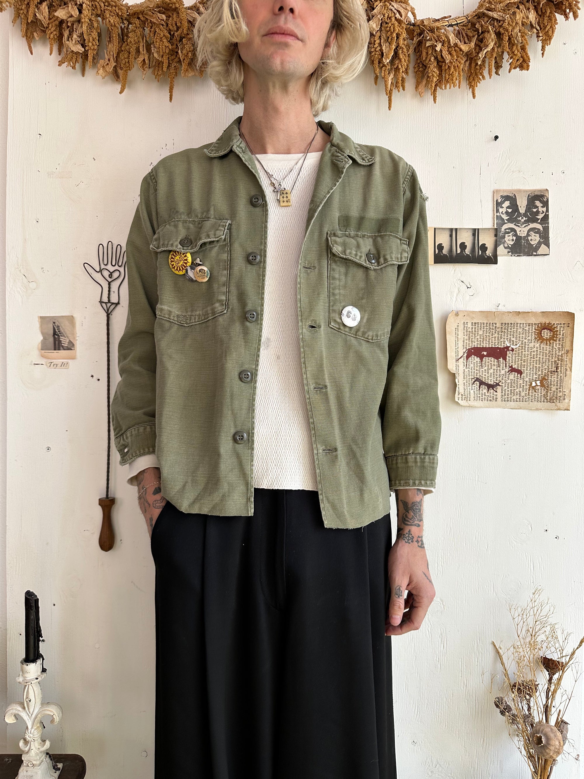 1970s Repaired Fatigue Shirt W/ Pins