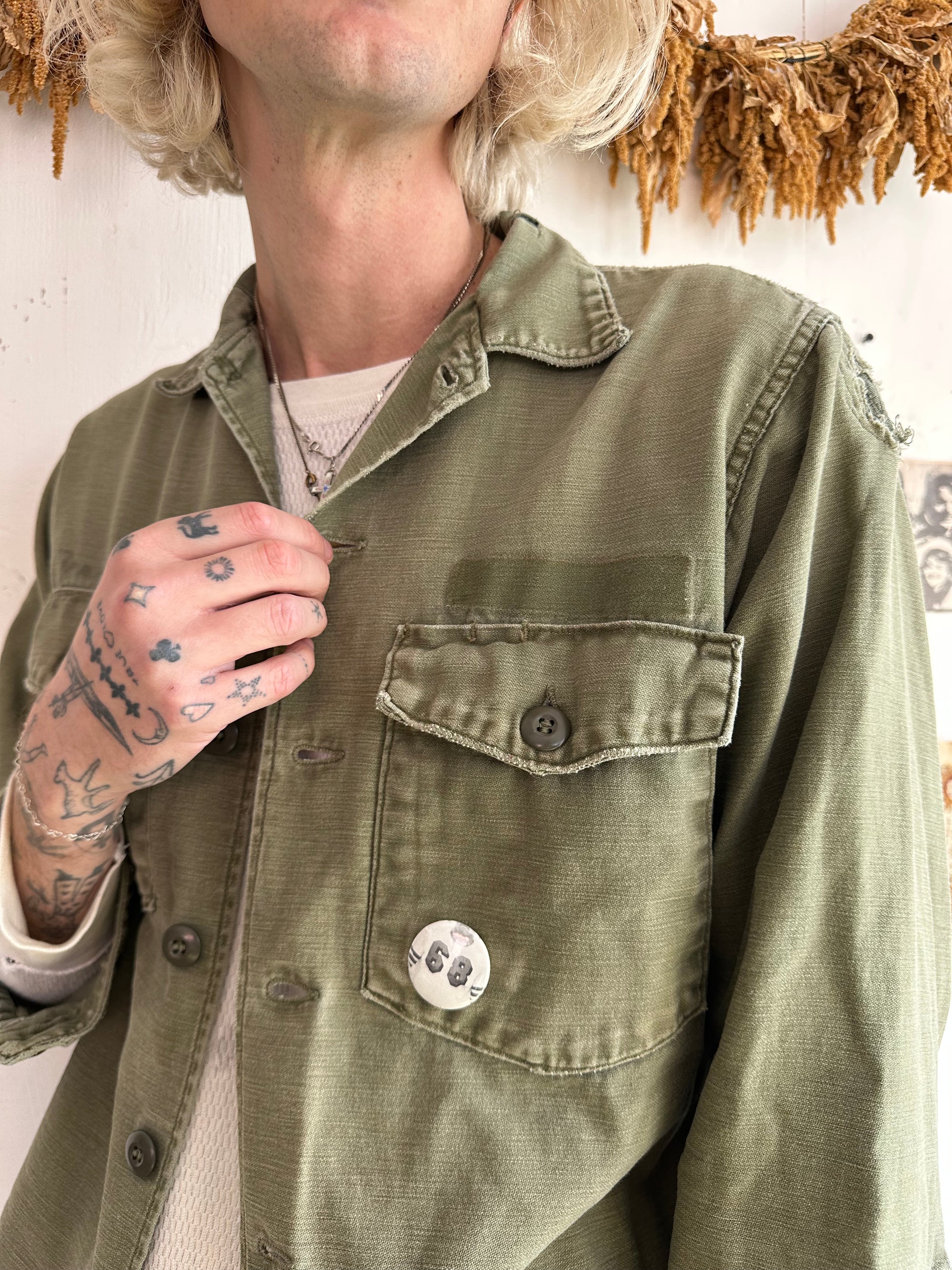 1970s Repaired Fatigue Shirt W/ Pins