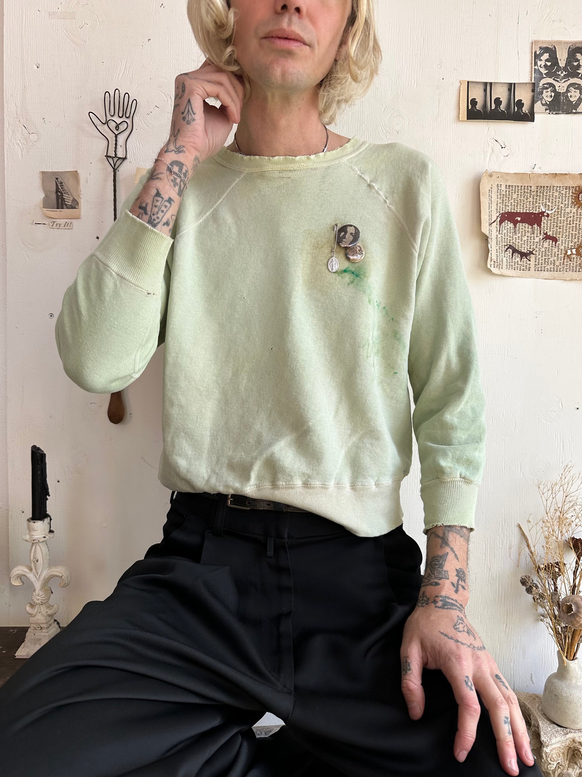 1960s Thrashed Sage Green Crewneck W/ Pins