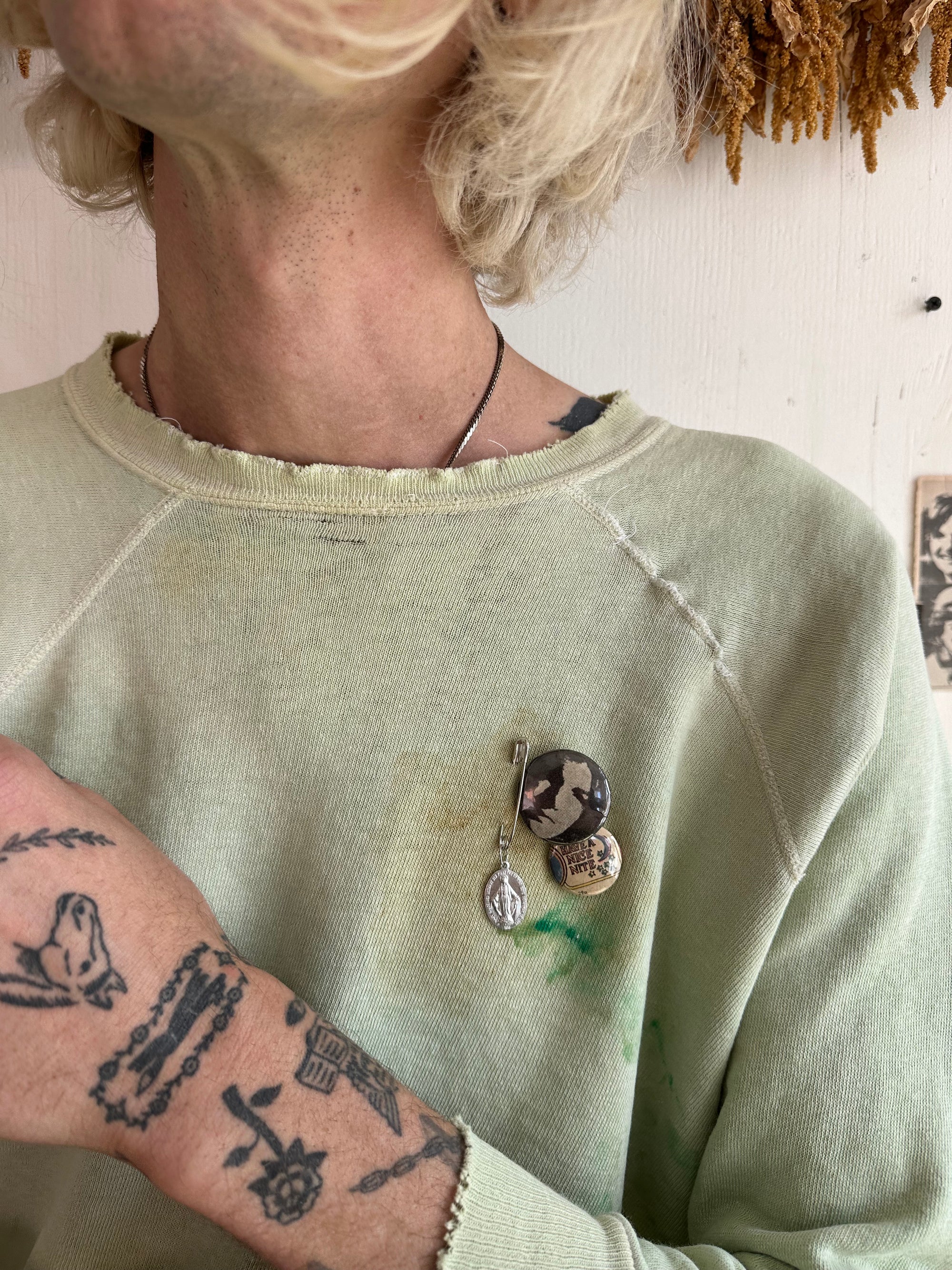 1960s Thrashed Sage Green Crewneck W/ Pins