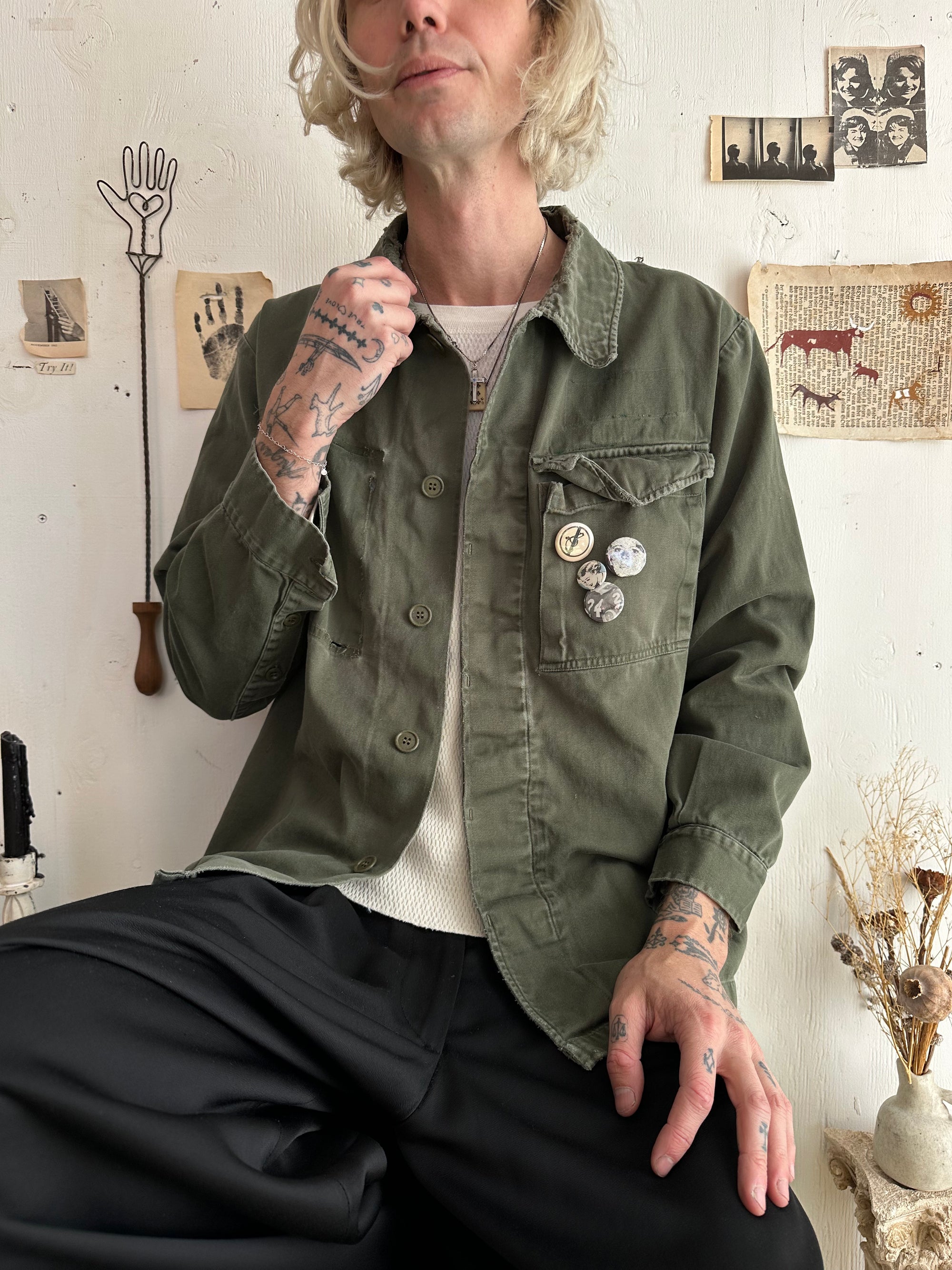 1970s Thrashed Fatigue Jacket W/ Pins