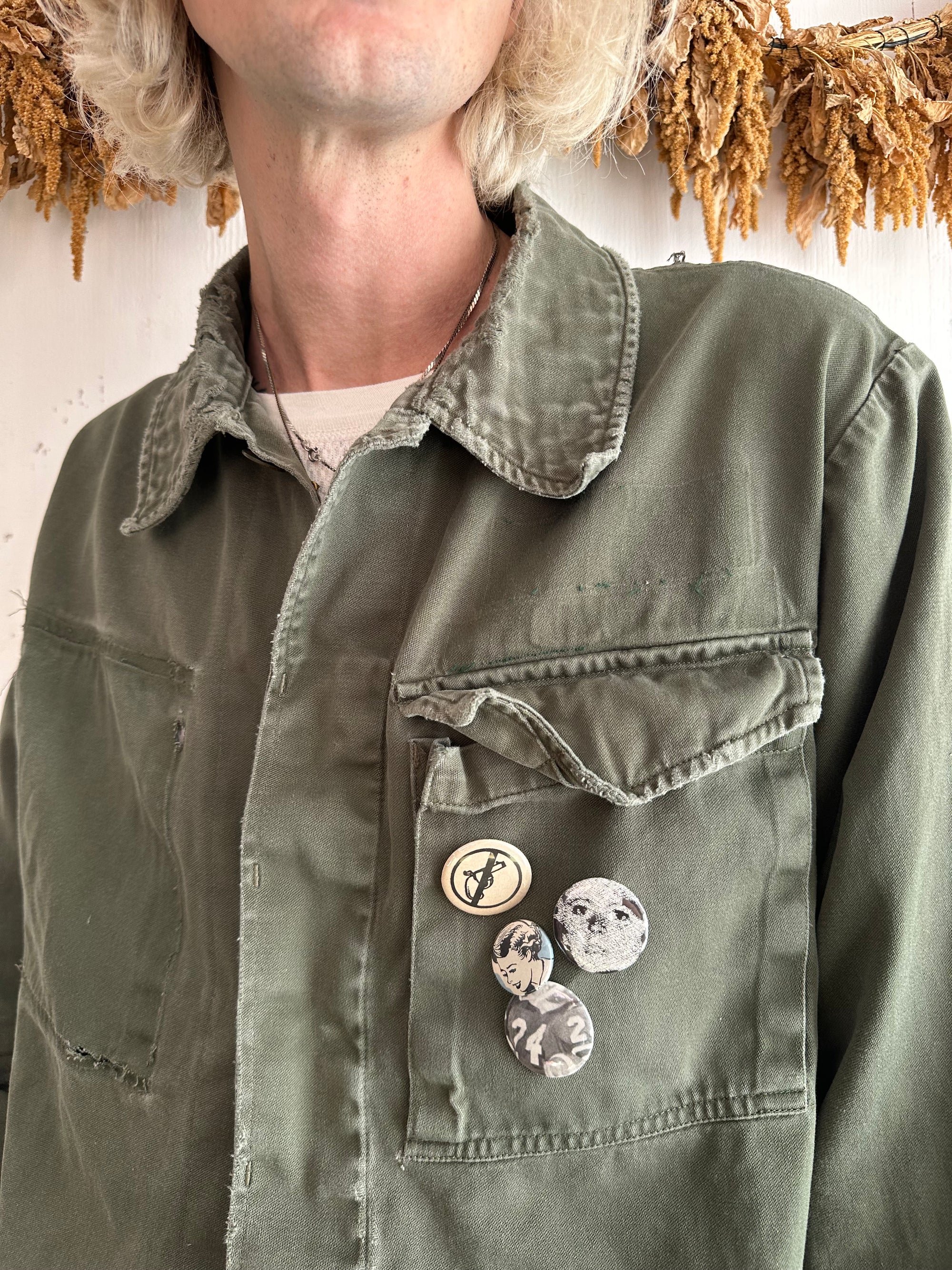 1970s Thrashed Fatigue Jacket W/ Pins