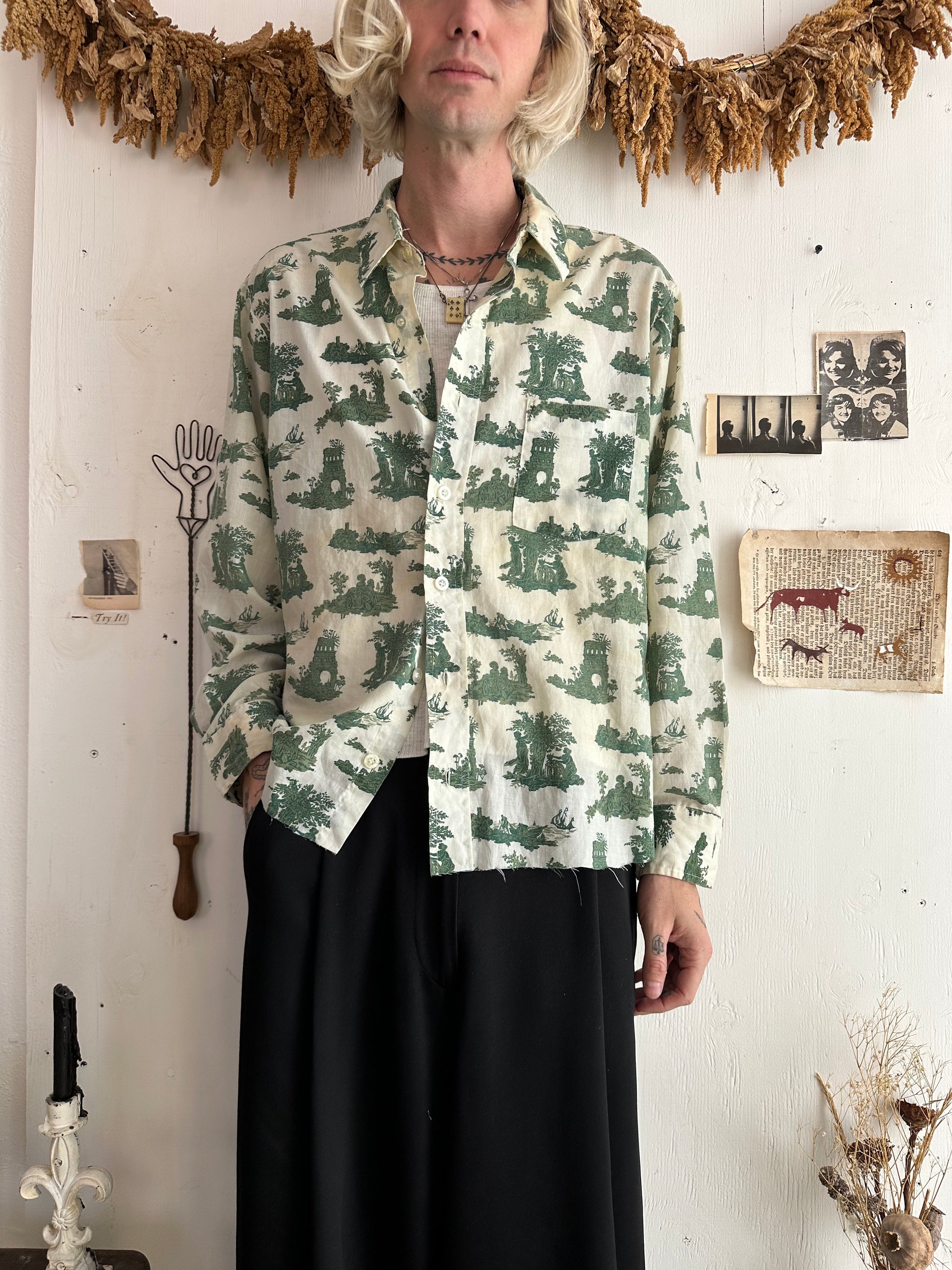 1970s Green Toile Patterned Shirt