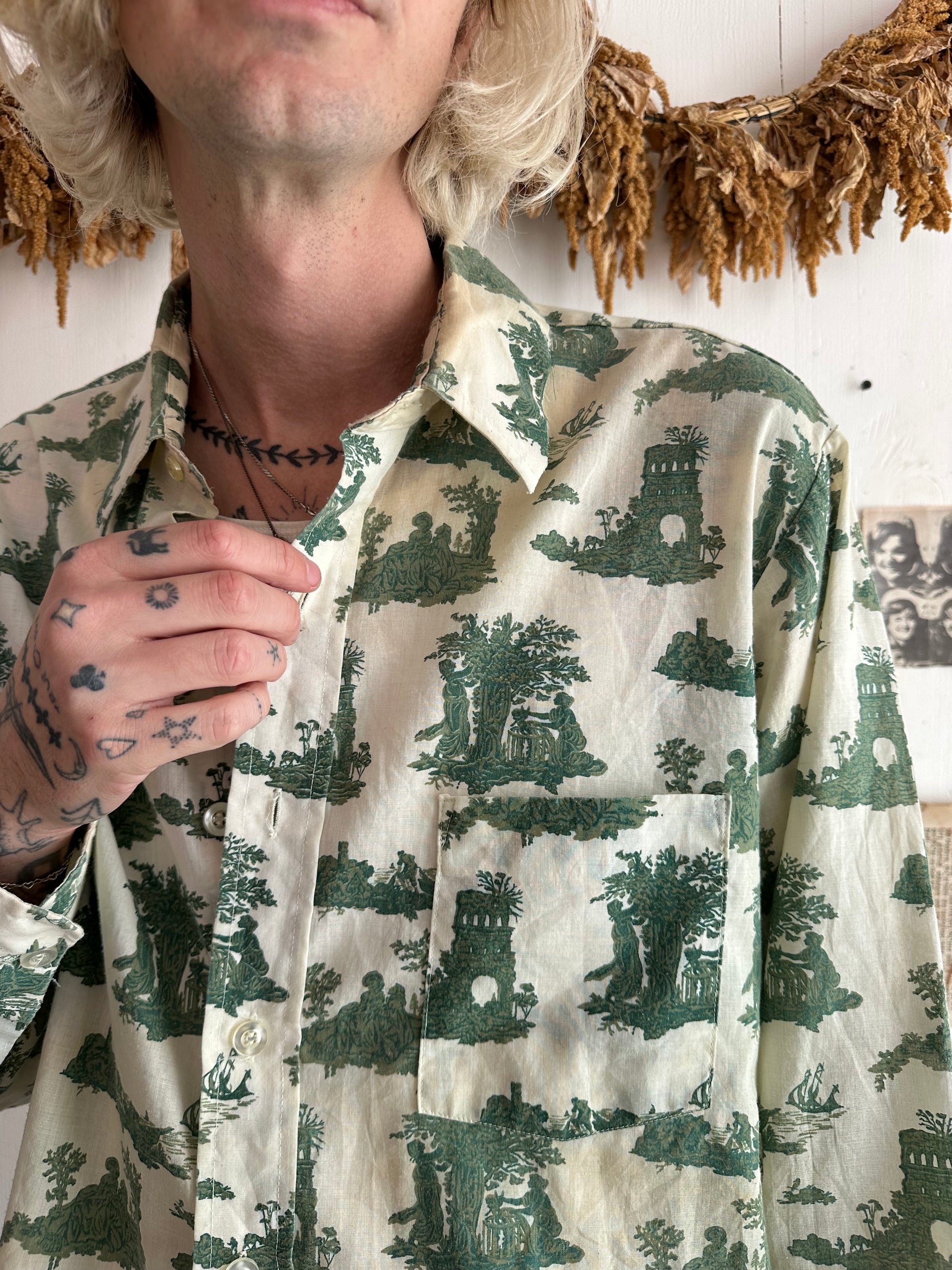 1970s Green Toile Patterned Shirt