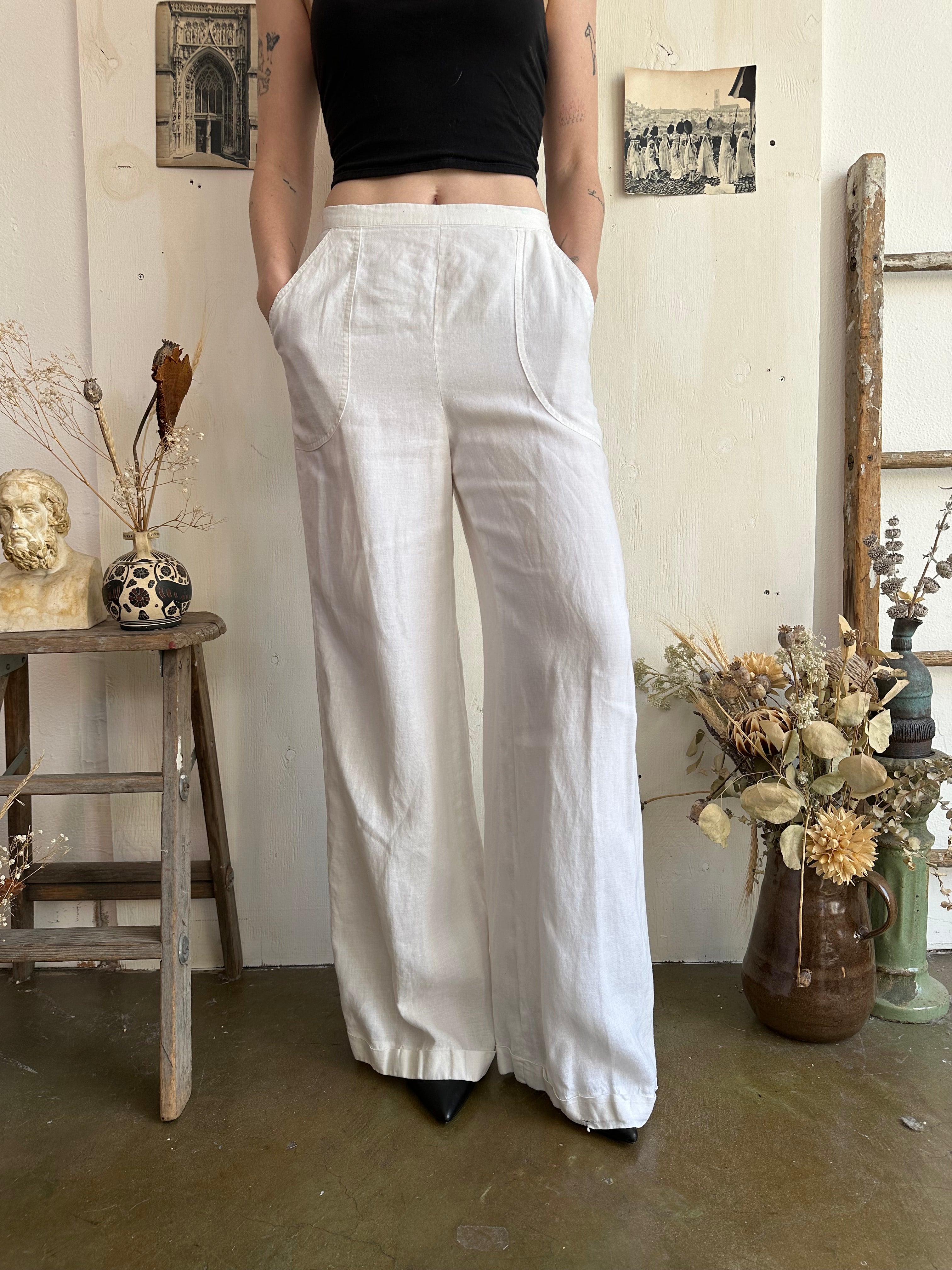 1980s Vintage Armani White Viscose Cotton Pleated Trouser (28/30)