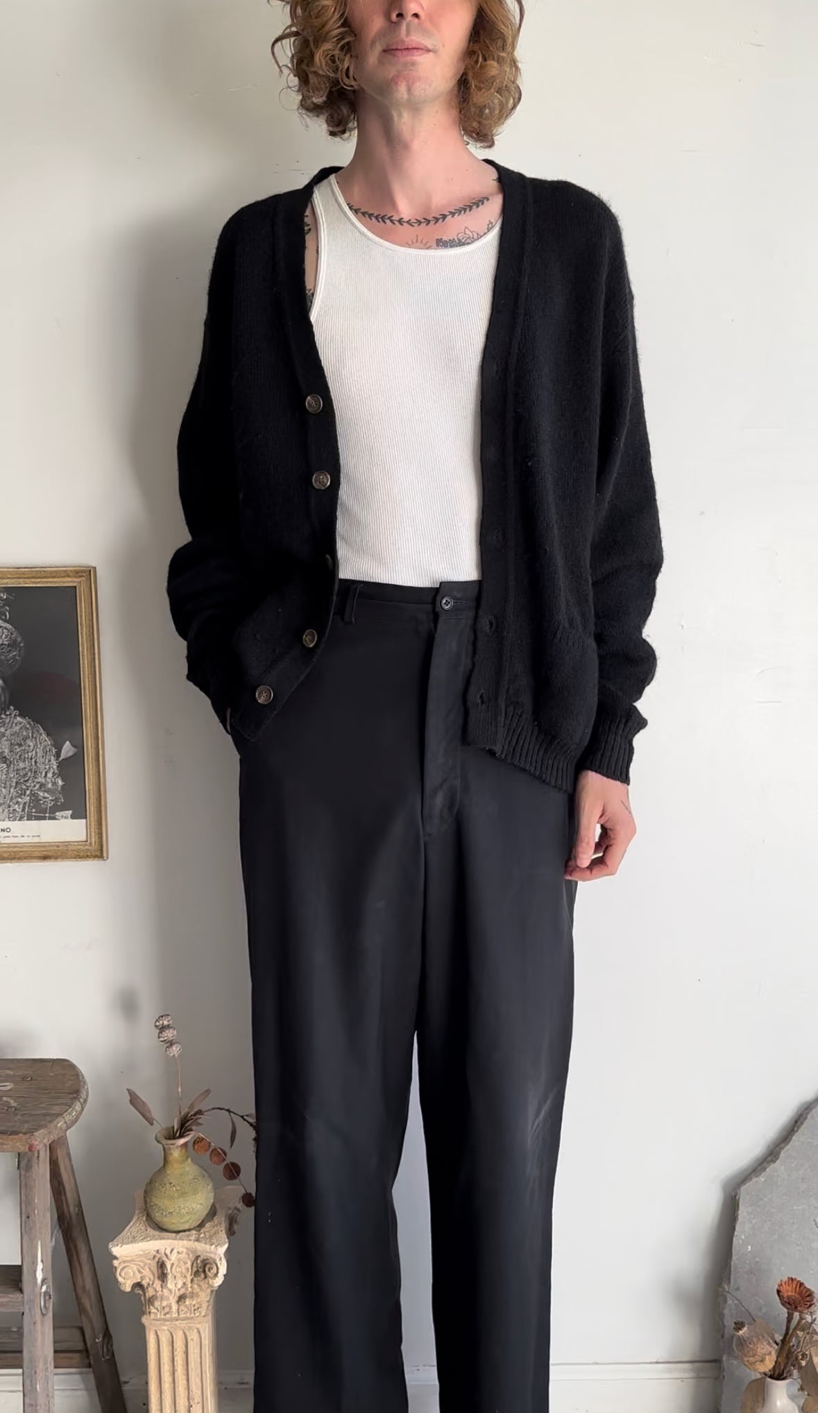 1970s Heavy Wool Black Cardigan (XL)