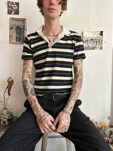 1970s Thrashed Black Striped Polo (Boxy S/M)