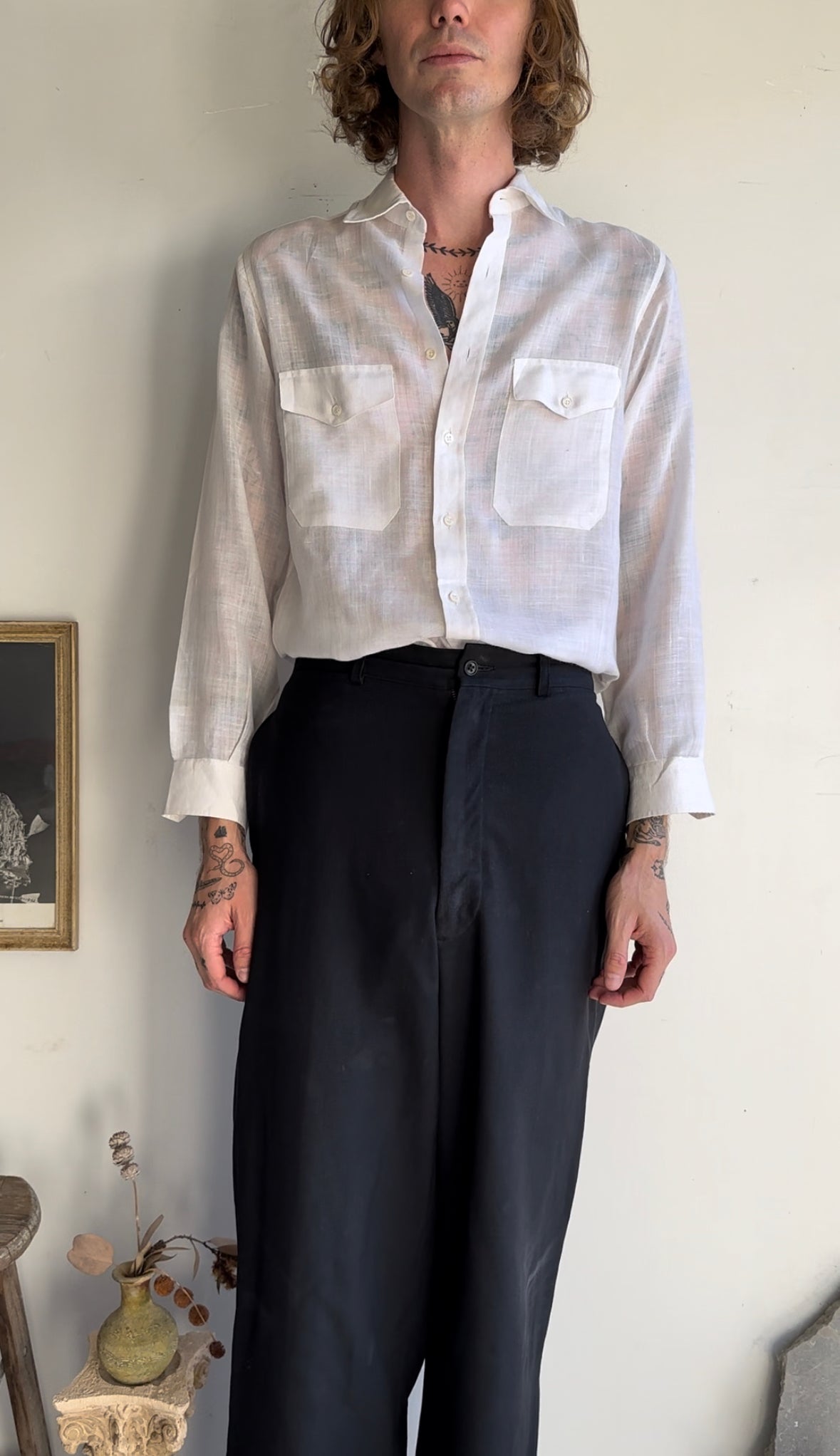 1980s Linen Blend Sheer Dress Shirt (M/L)