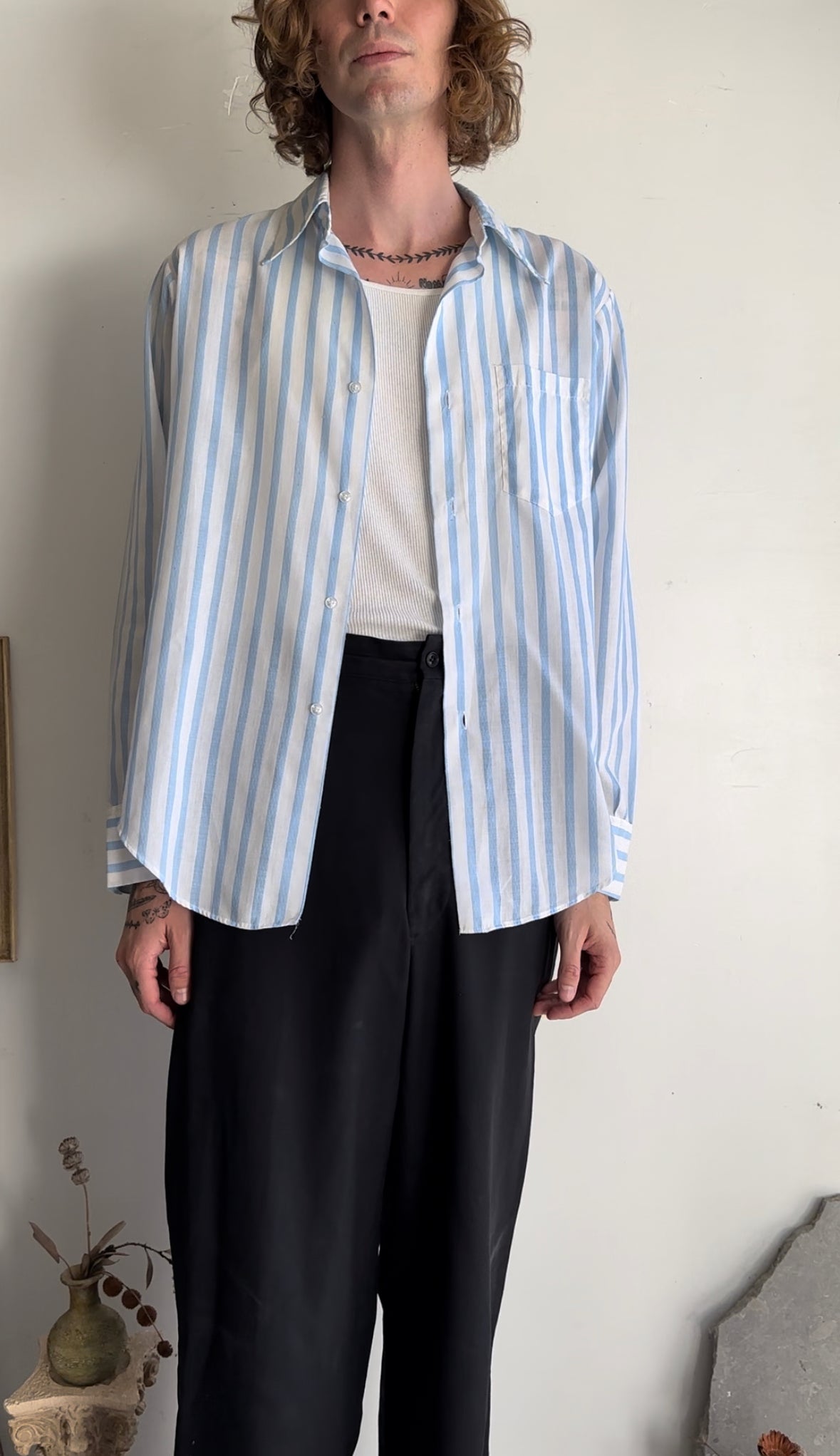 1980s Light Blue Striped Overshirt (M/L)