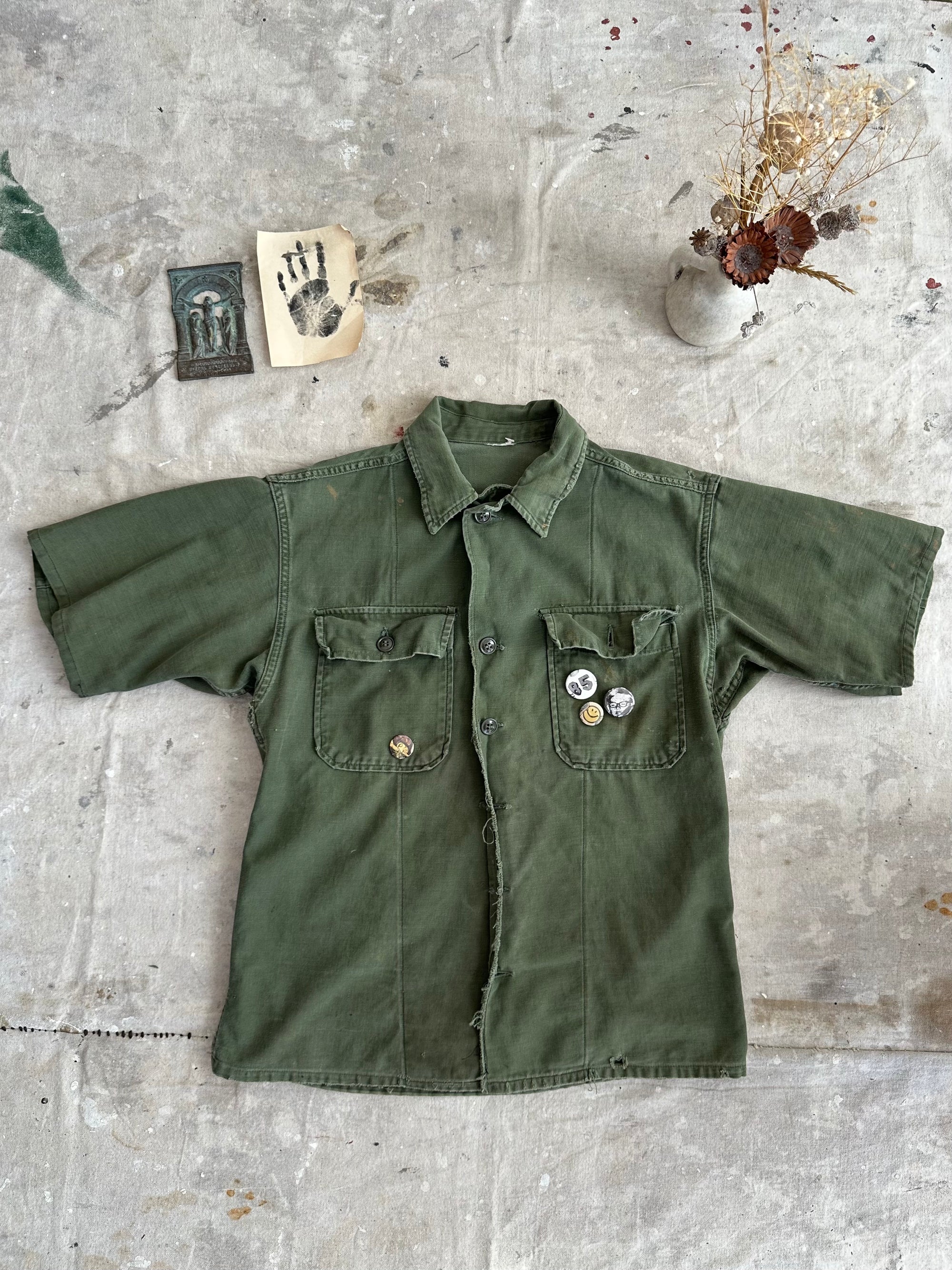 1970s Well Worn Short Sleeve Fatigue Shirt W/ Pins