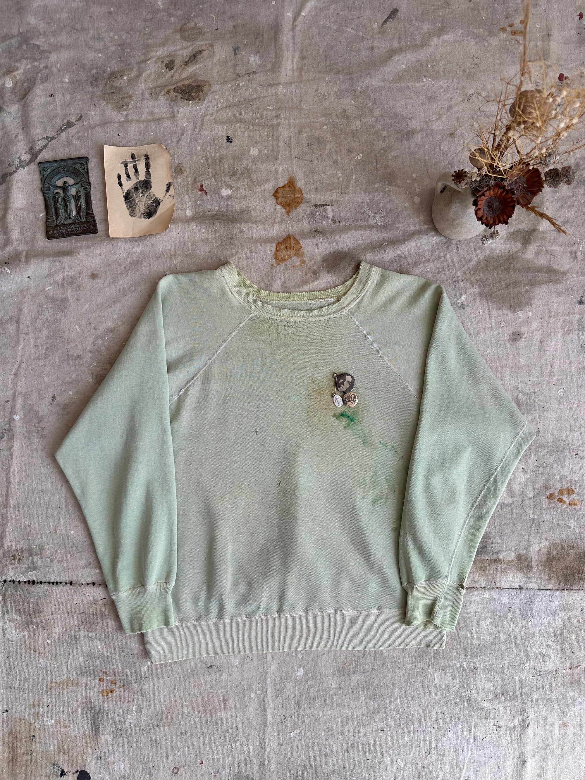 1960s Thrashed Sage Green Crewneck W/ Pins
