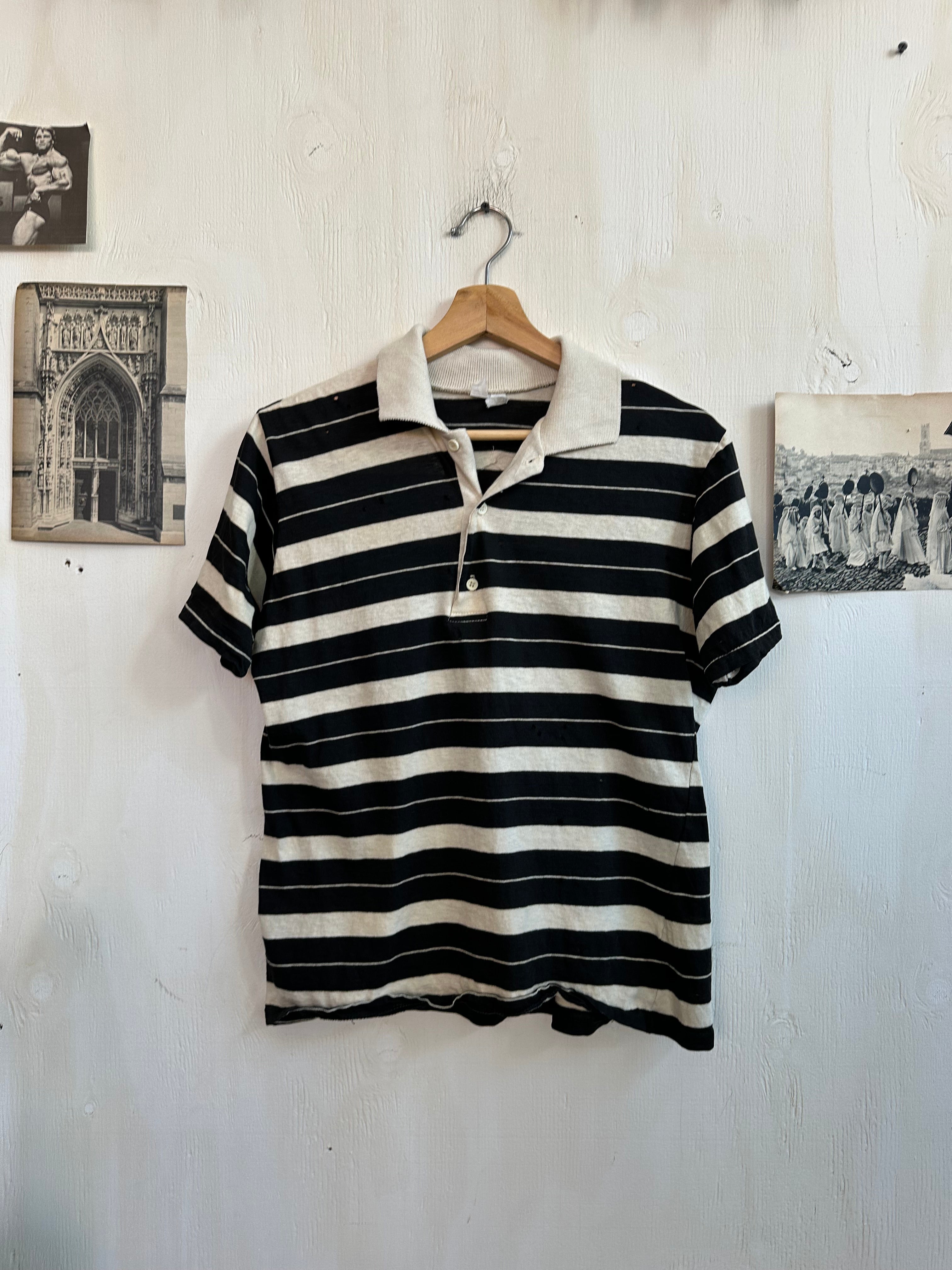 1970s Thrashed Black Striped Polo (Boxy S/M)