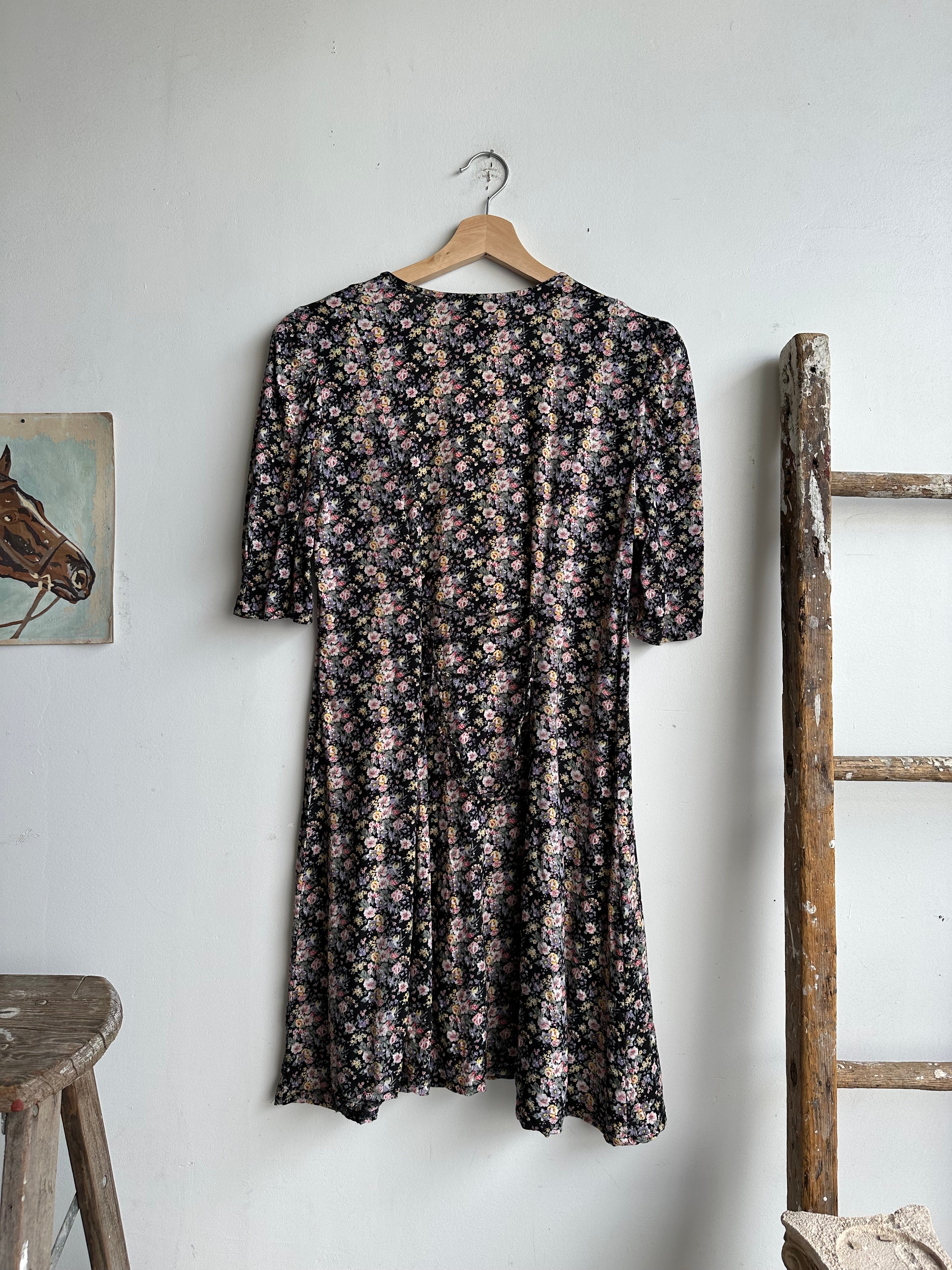 1990s Black Tie-Back Floral Dress (M)