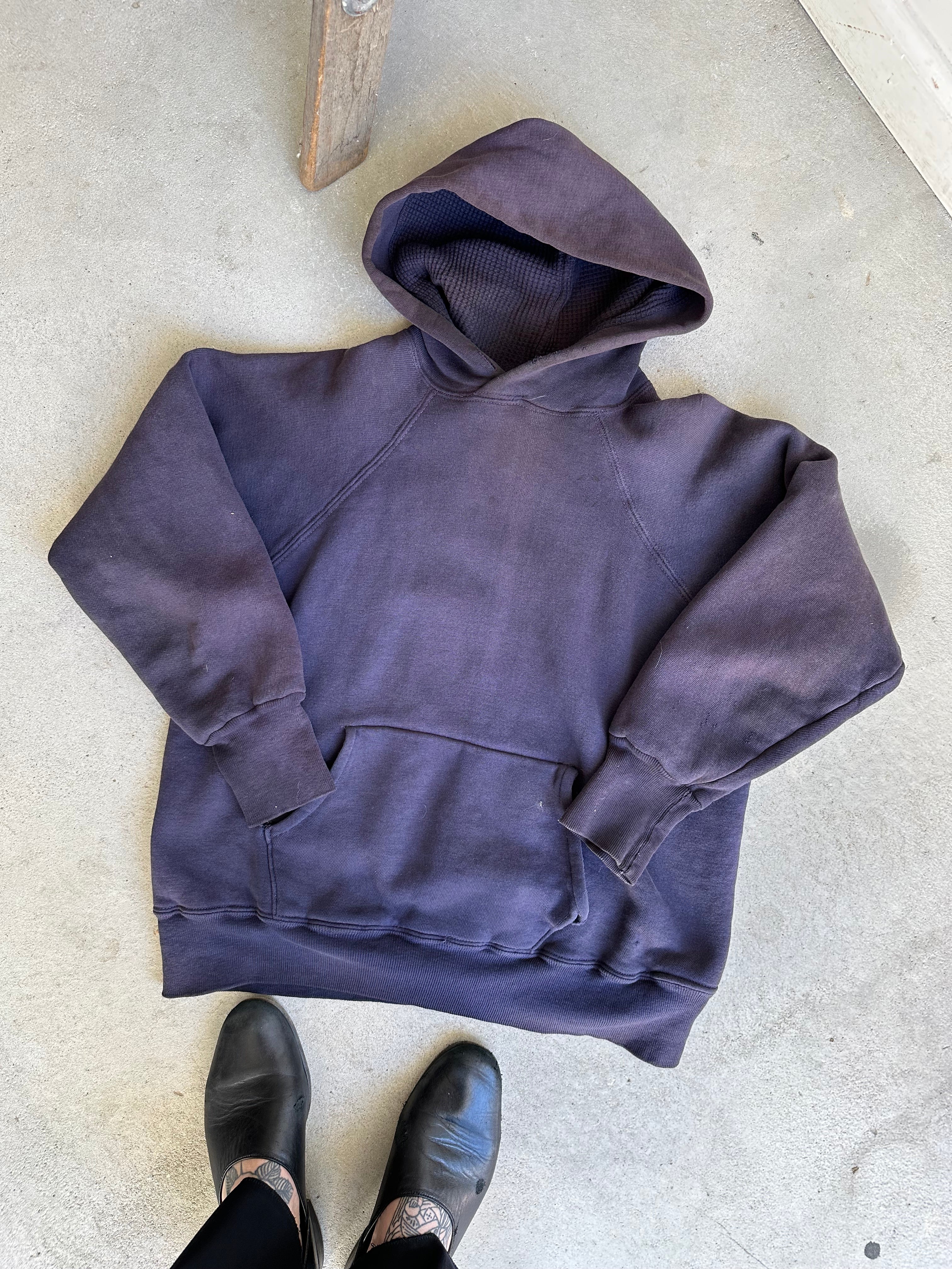 1970s Sun Faded Thermal Lined Navy Hoodie (S/Boxy M)