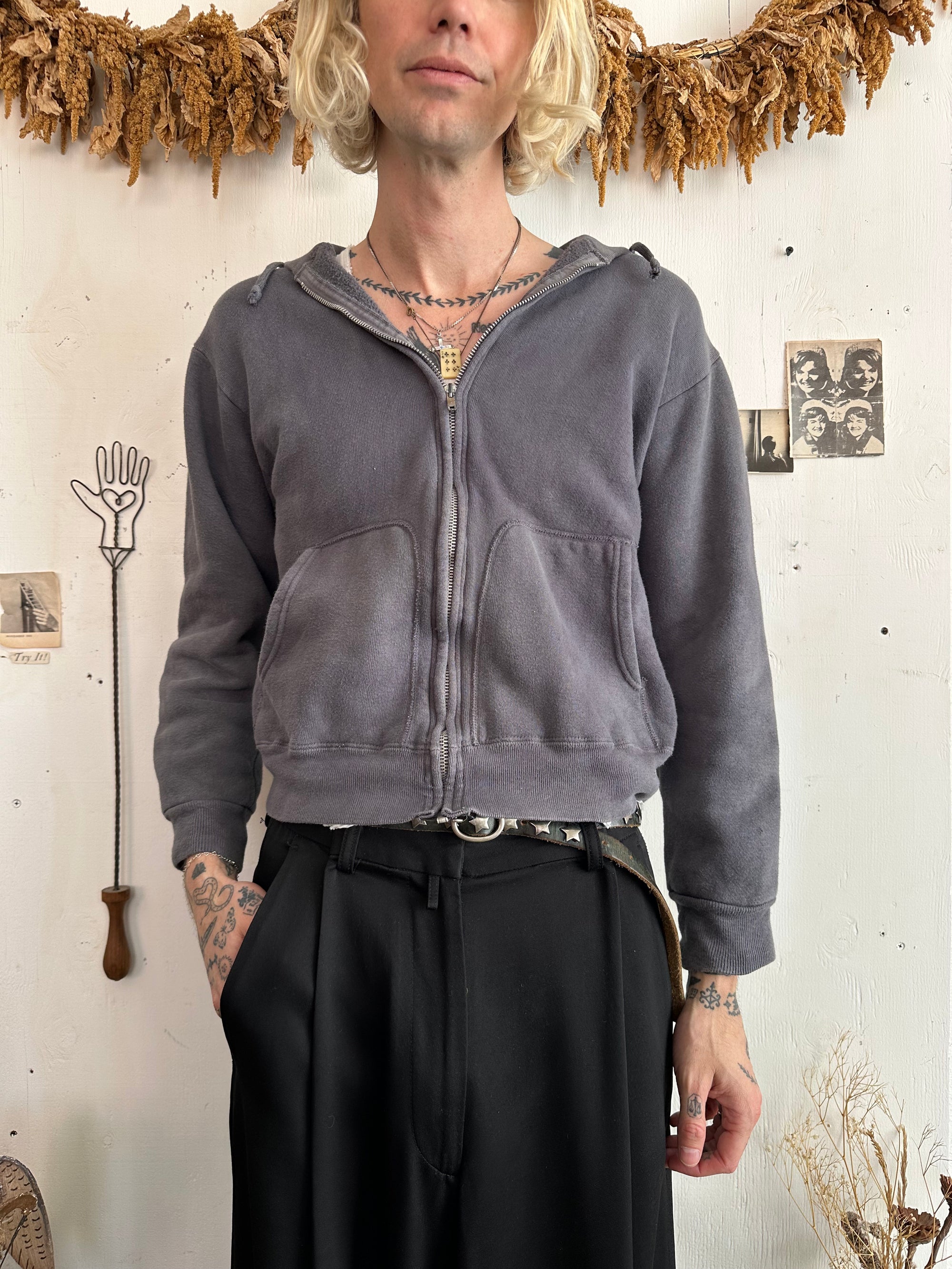 1960s All Cotton Midnight Black Zip Up Hoodie