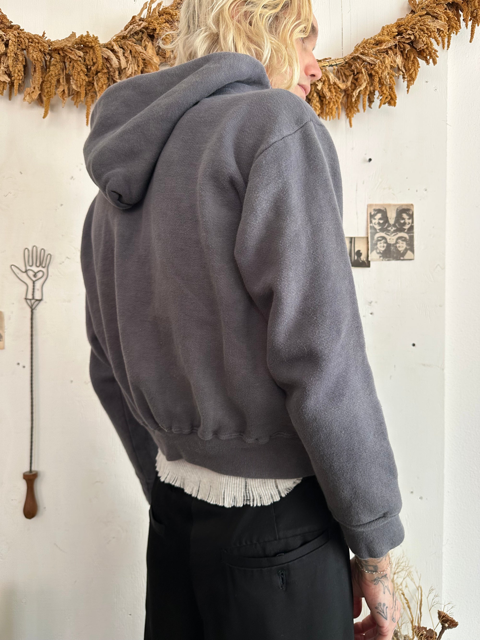 1960s All Cotton Midnight Black Zip Up Hoodie