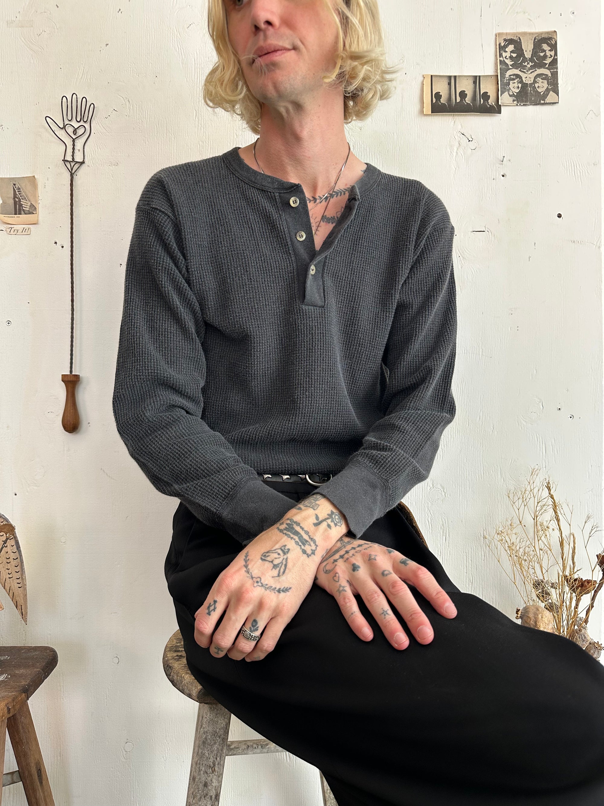 1990s Black Thermal Henley