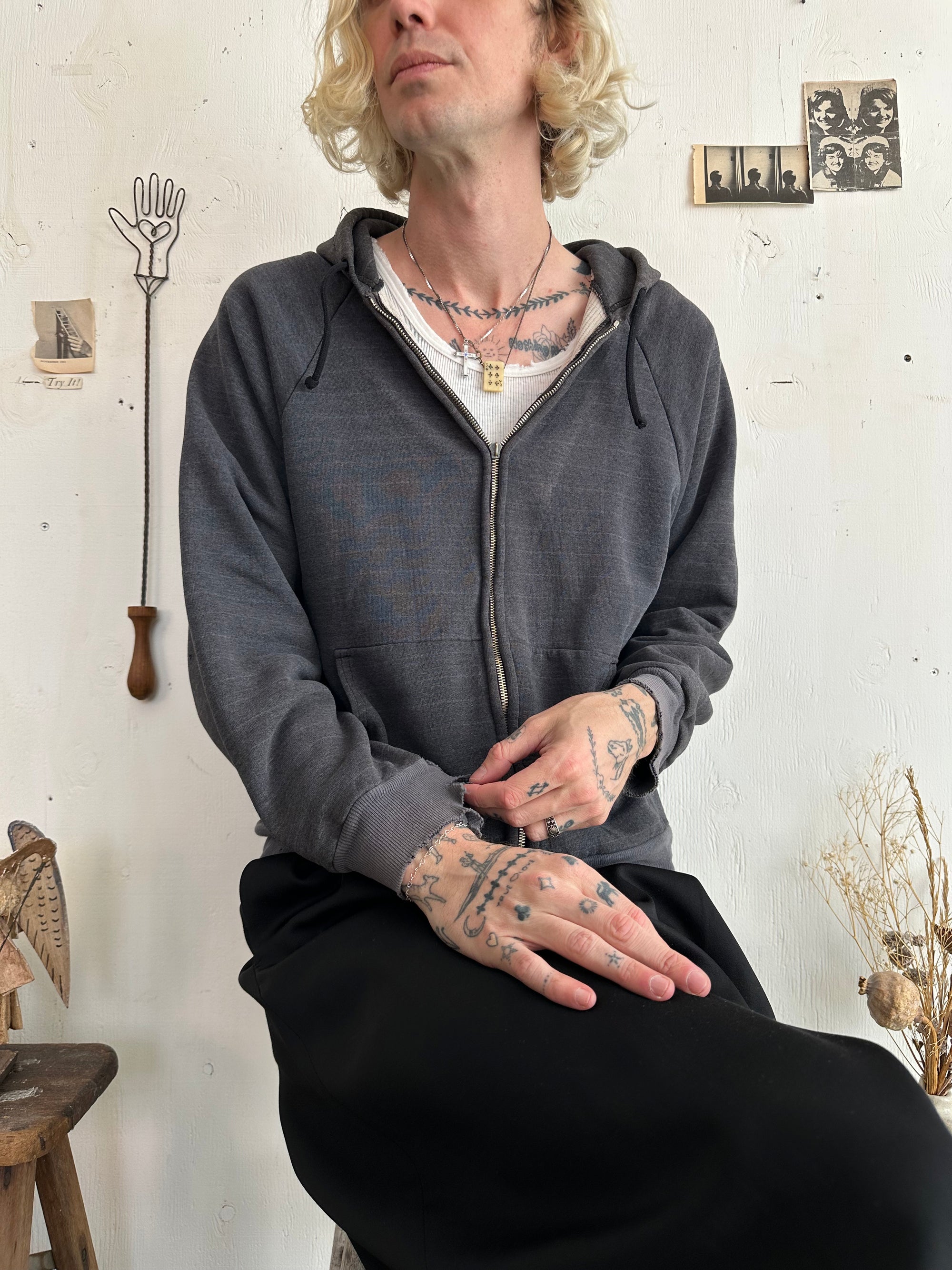 1980s Sunfaded Two-Tone Ghost Stripe Thermal Lined Black Hoodie