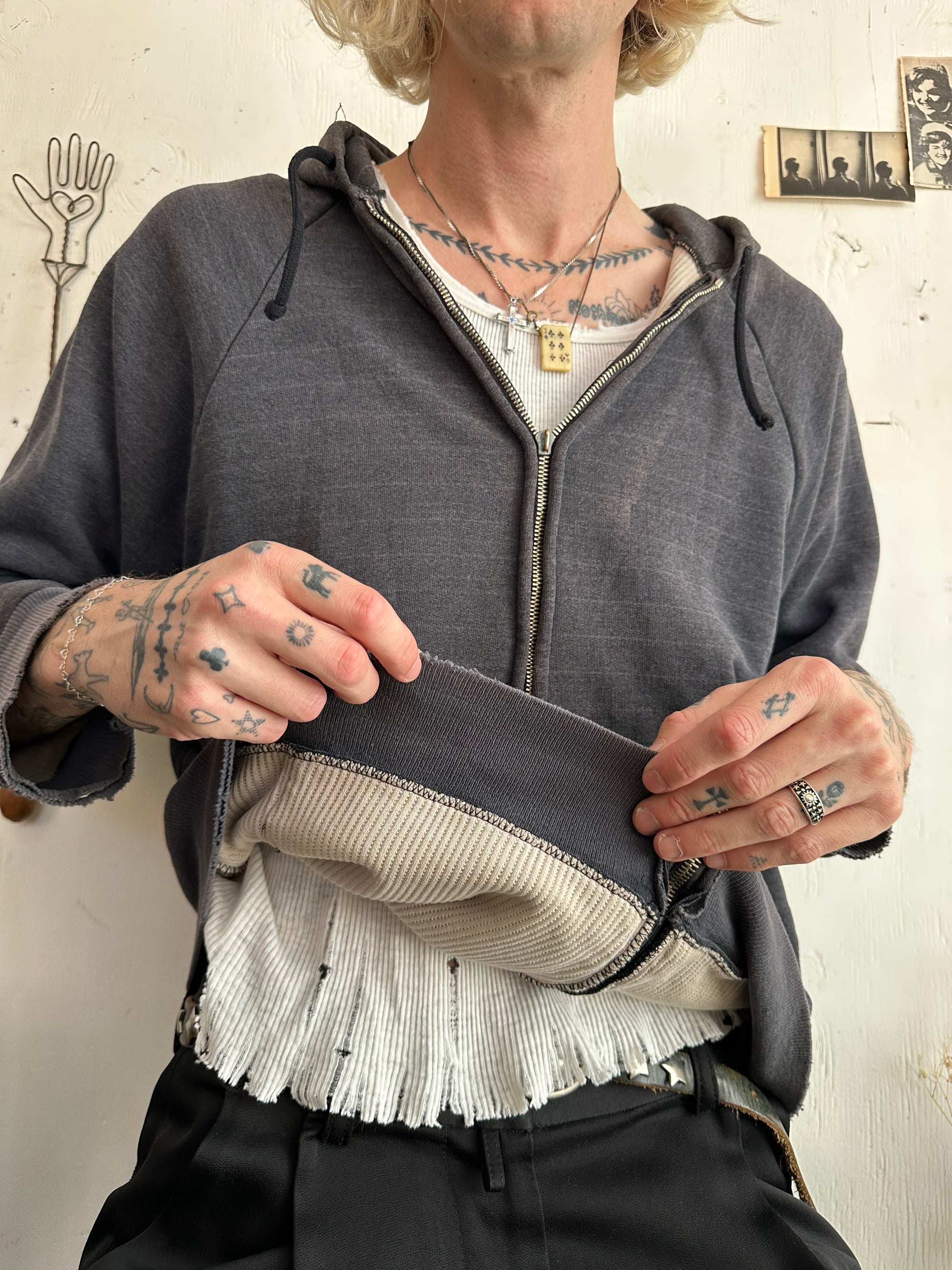 1980s Sunfaded Two-Tone Ghost Stripe Thermal Lined Black Hoodie