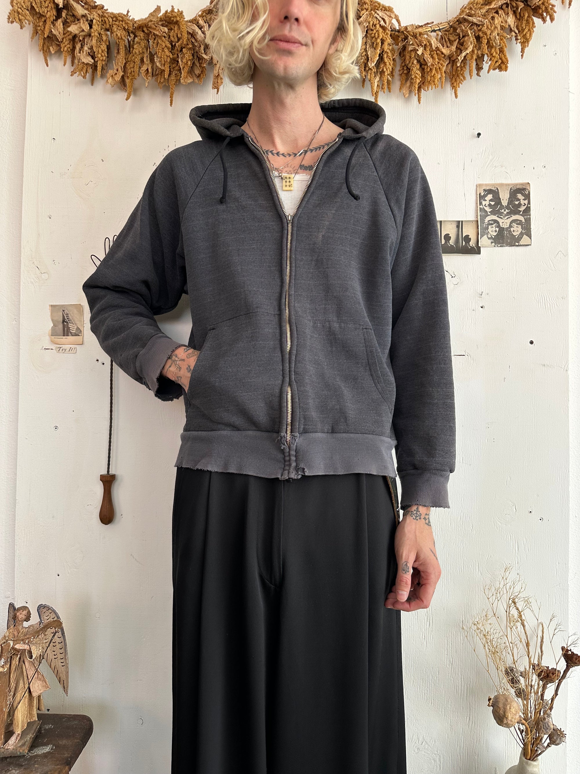 1980s Sunfaded Two-Tone Ghost Stripe Thermal Lined Black Hoodie