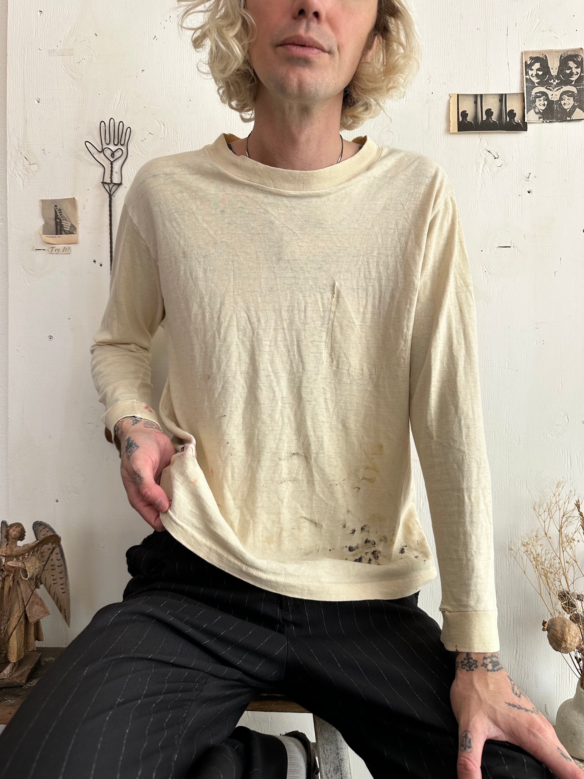 1970s Thrashed Discolored White Long Sleeve