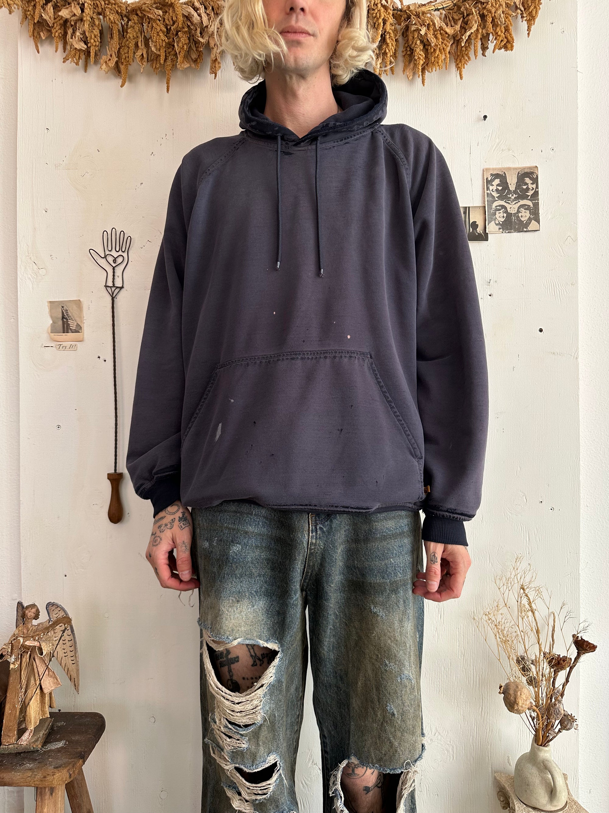 1990s Well Worn Faded Thermal Lined Midnight Blue Hoodie