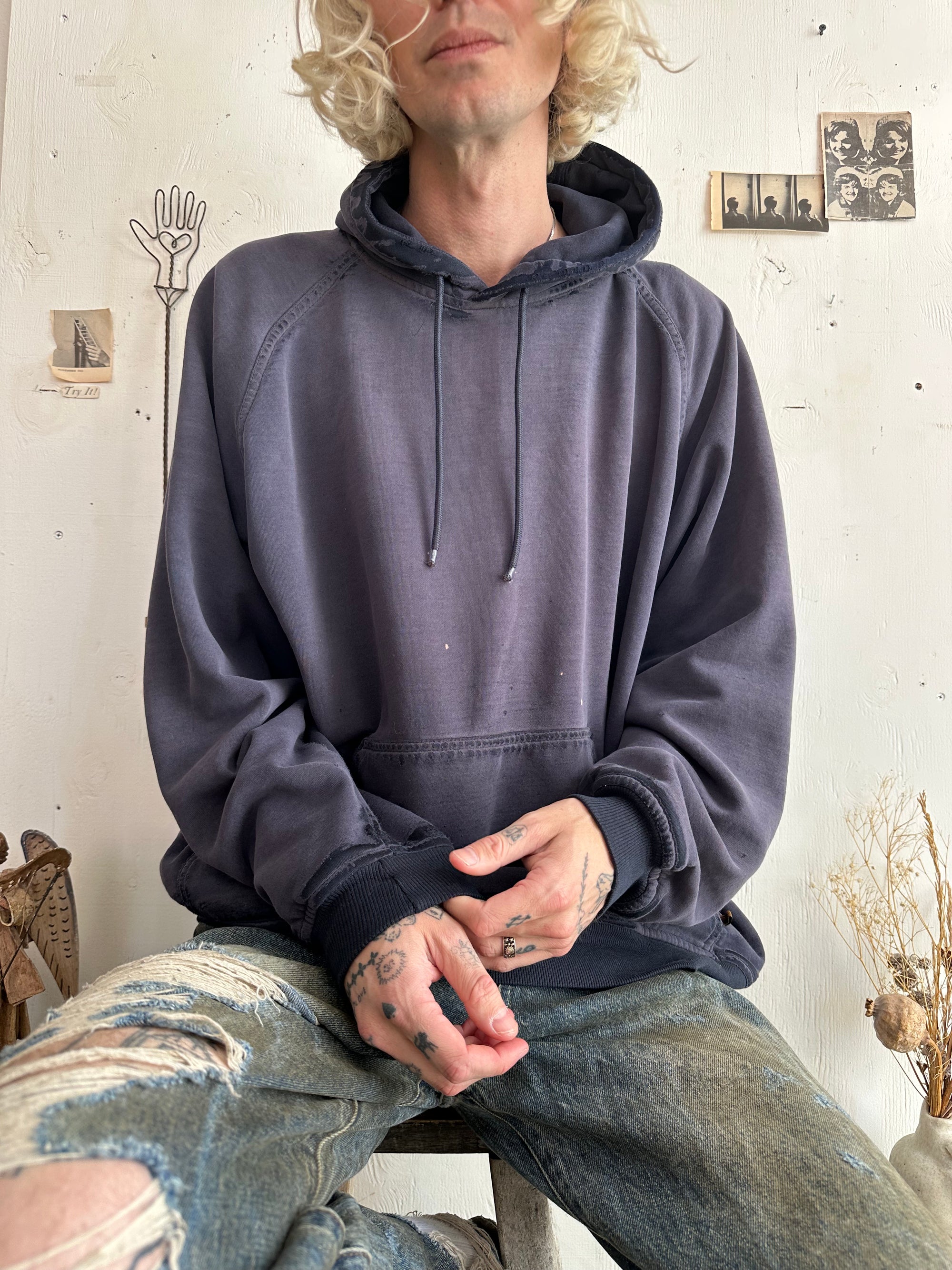 1990s Well Worn Faded Thermal Lined Midnight Blue Hoodie